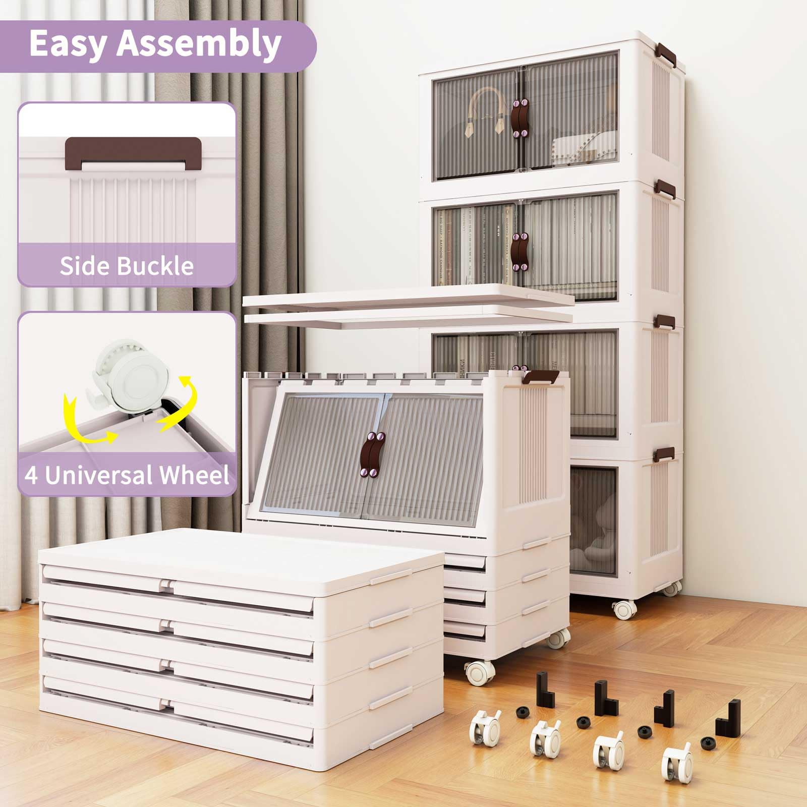 Collapsible Storage Cabinet with Lids - 100 Gallon/400QT Large Clear Door Storage Bins, 5-Tier Stackable Organizer with Rotating Wheels, Foldable Closet & Home Storage Solution for Bedroom, Garage, Office (White)