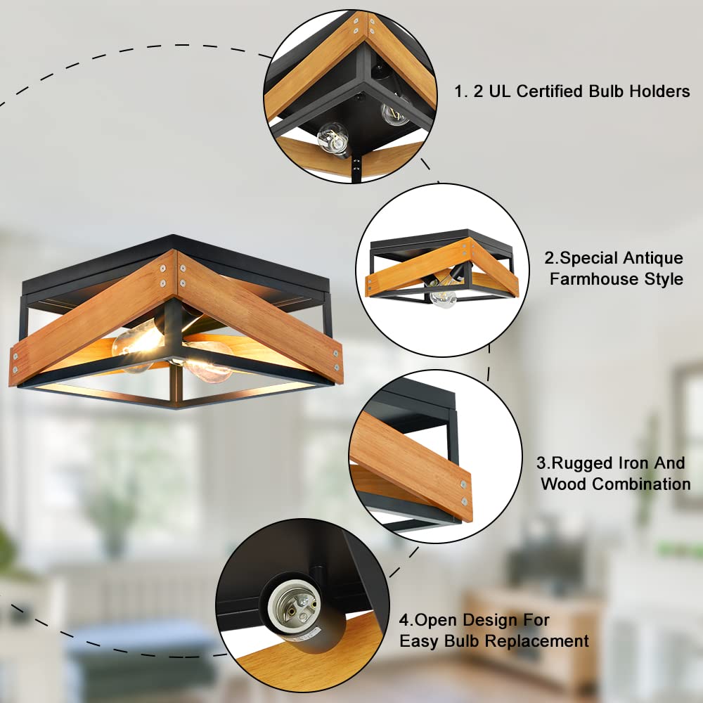 Rustic Industrial Flush Mount Ceiling Light - 2-Light Square Farmhouse Fixture with Wood & Metal Frame - Matte Black E26 - Perfect for Hallway, Living Room, Bedroom, Kitchen & Entryway Lighting