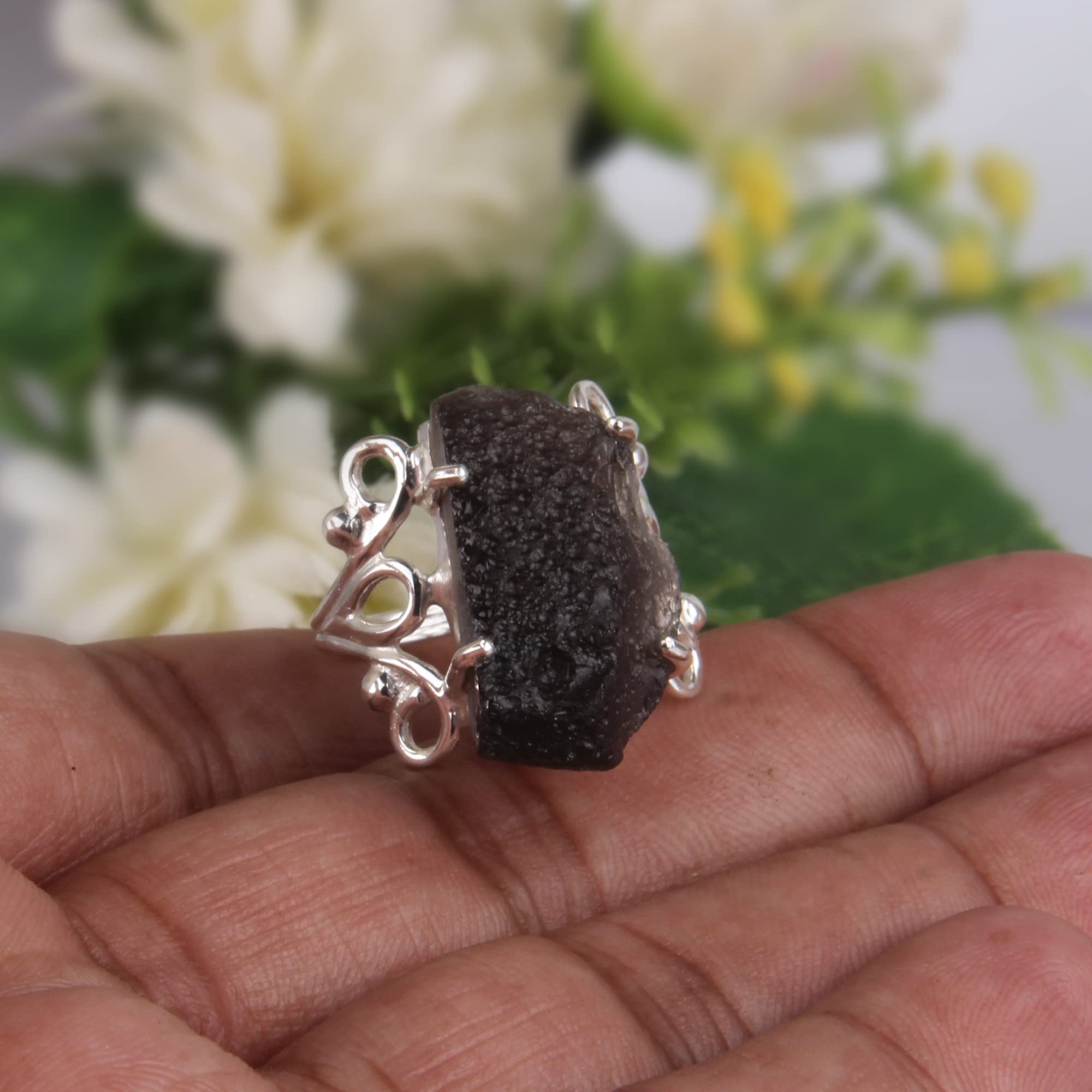 Genuine Raw Colombianite Ring 925 Sterling Silver - Natural Stone Spiritual Jewelry for Meditation & Energy Healing - Colombianite Tektite Similar to Moldavite (Size 9.5) - Perfect for Yoga, Reiki & Chakra Balancing