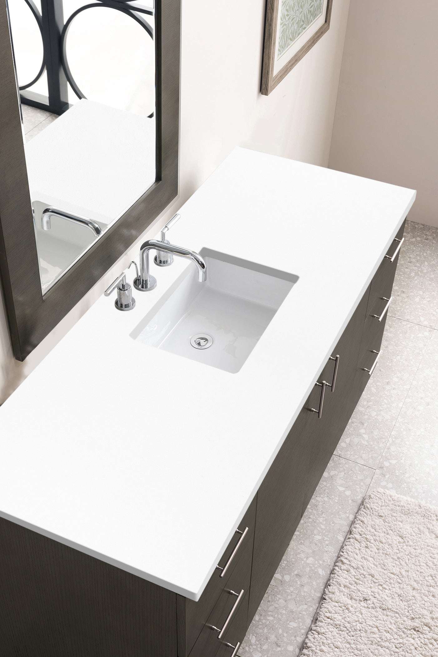 Metropolitan 60 Inch Single Bathroom Vanity Set in Silver Oak with 3CM White Zeus Quartz Countertop | Modern Space-Saving Design for Small Bathrooms & Powder Rooms