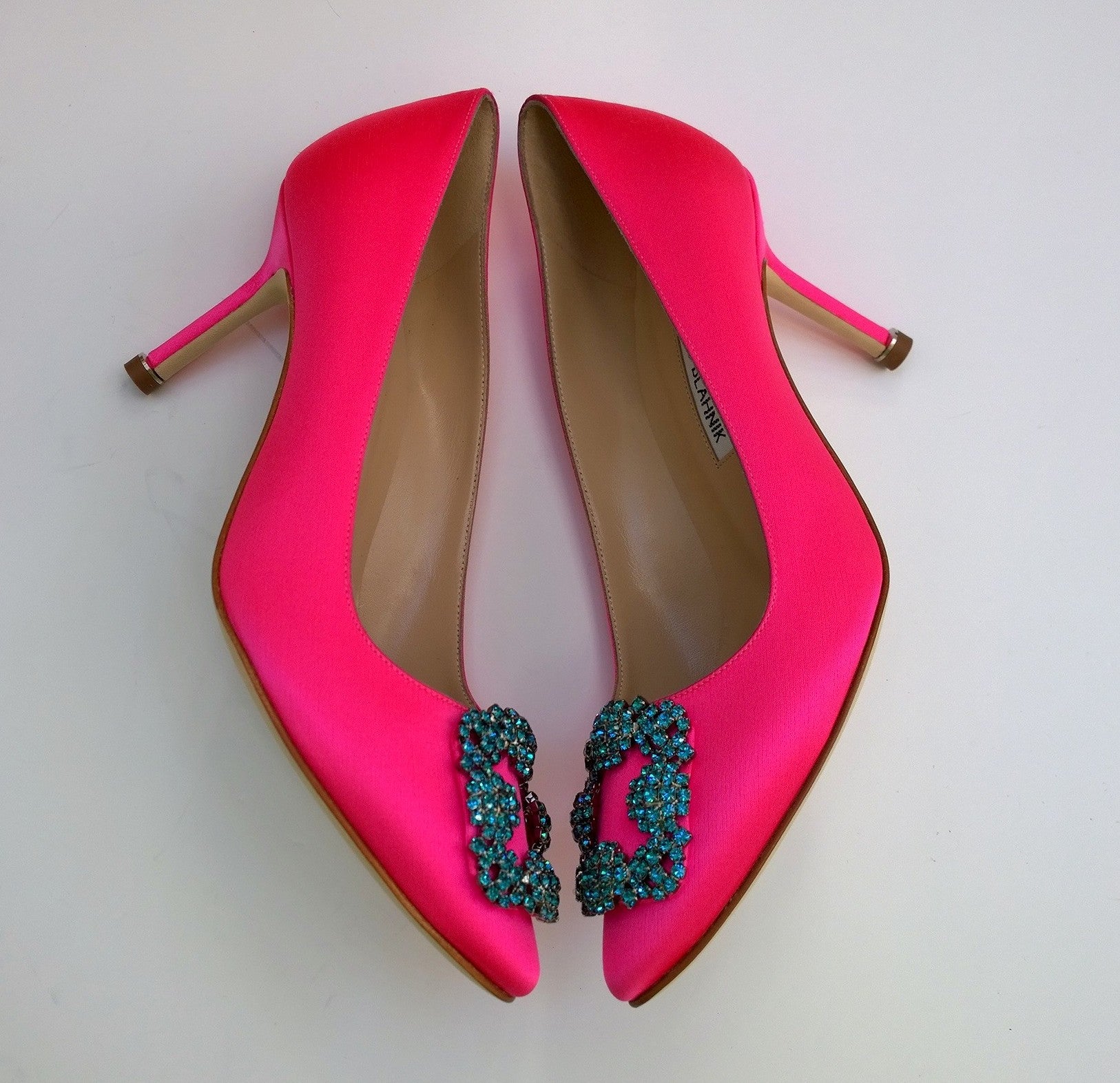 Manolo Blahnik Hangisi Fuchsia Rhinestone Heels with Turquoise Buckle - Elegant Women's Dress Shoes for Weddings, Parties & Special Occasions