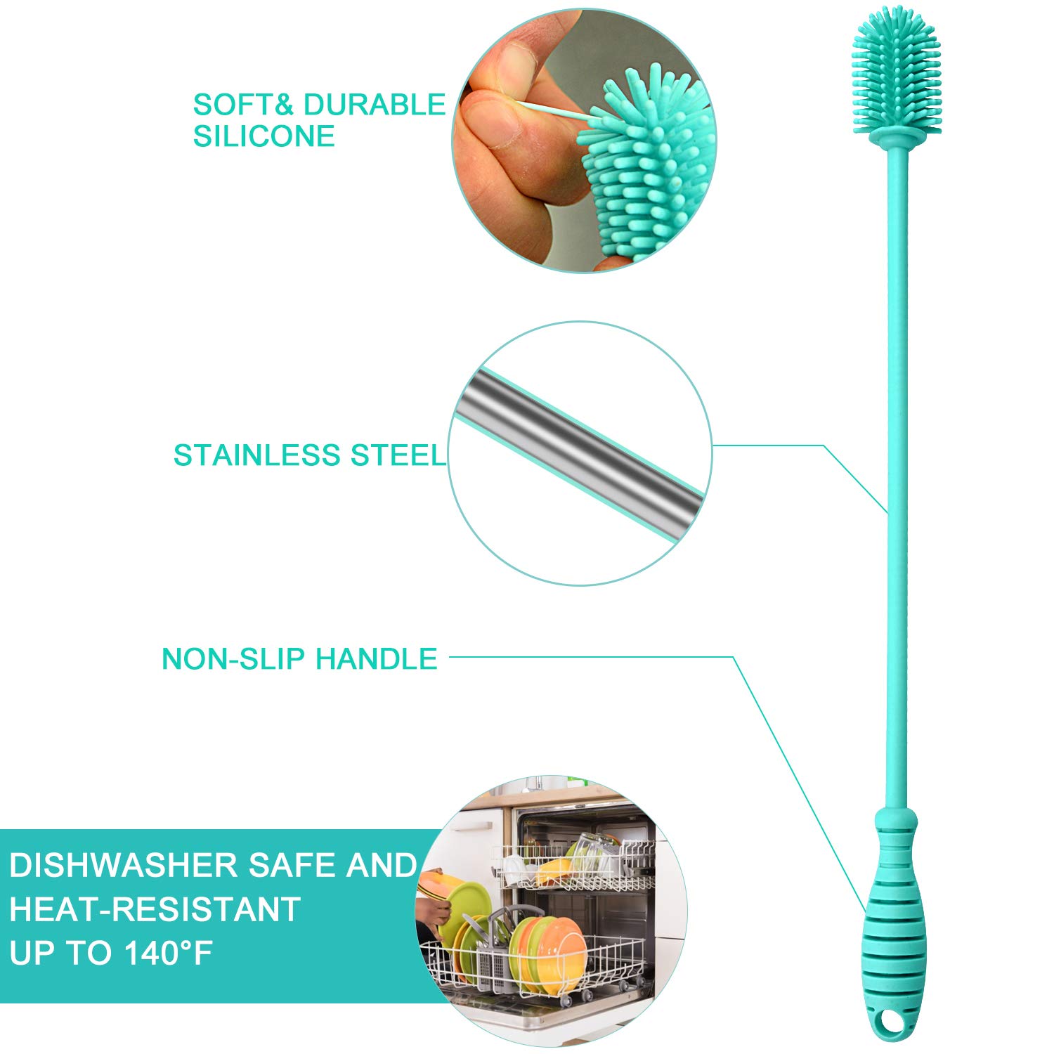 Premium Silicone Bottle Brush Cleaner Set of 3 - Long Handle Cleaning Brushes for Narrow Neck Bottles, Water Bottles, Thermos, Hydro Flasks, Coffee Mugs & Baby Bottles (Blue) - Perfect for Kitchen, Camping & Baby Care