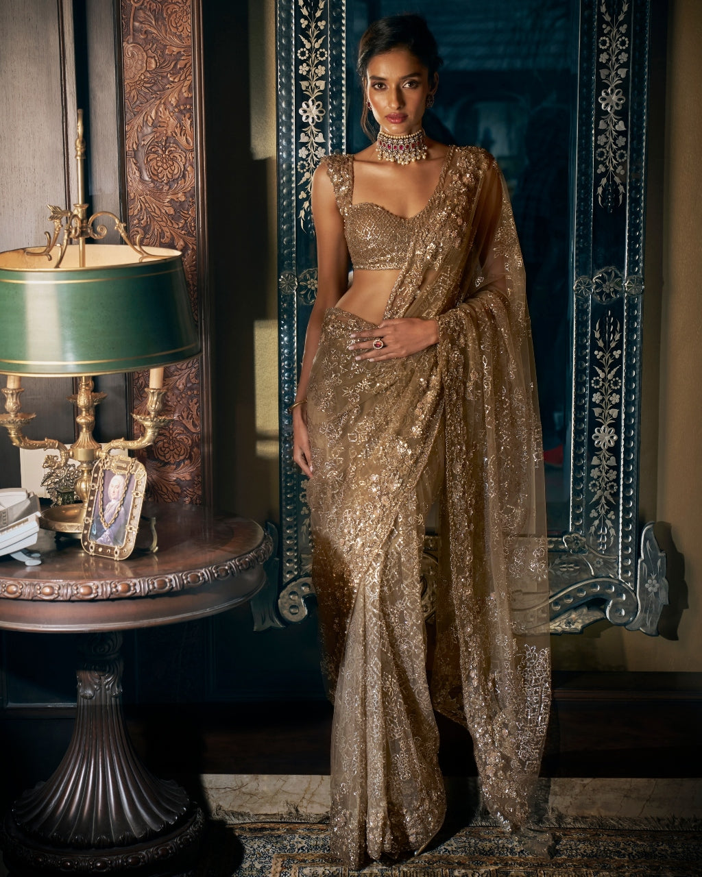 Antique Gold Sequin Sari Set - Elegant Indian Bridal Outfit for Weddings, Parties & Festive Occasions