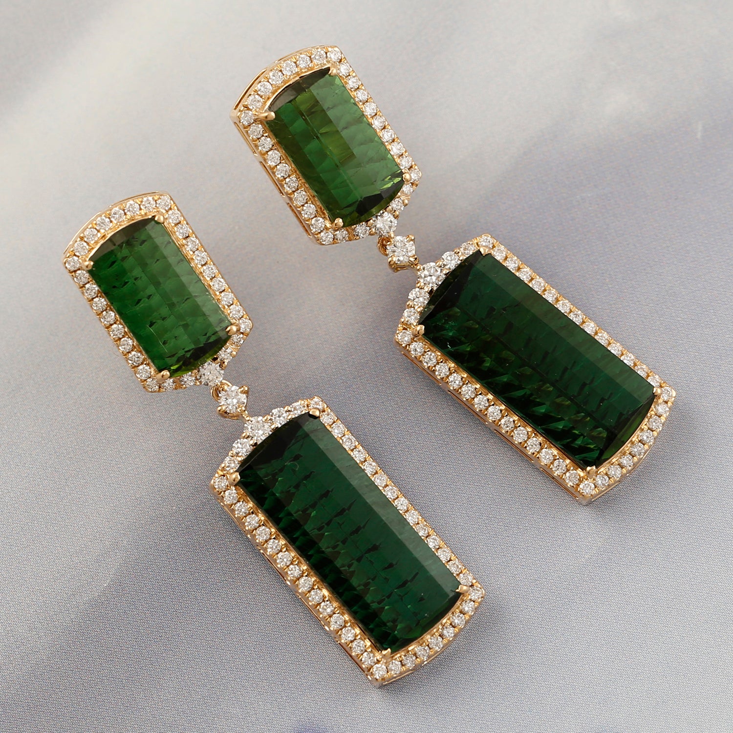 18K Yellow Gold Green Tourmaline Pave Diamond Dangle Earrings for Women - Elegant Party & Evening Wear Jewelry Gift