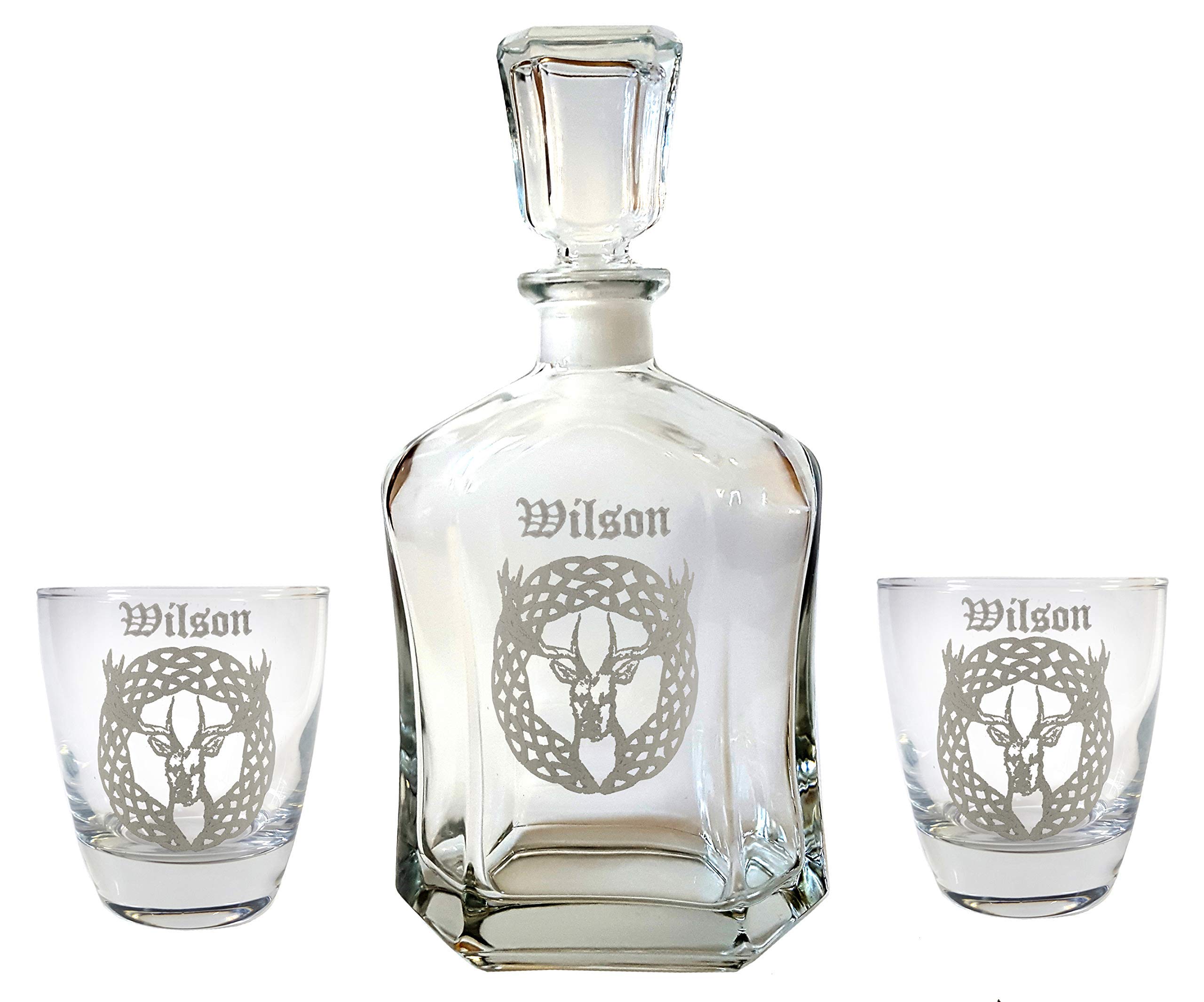 Personalized Celtic Stag Glass Whiskey Decanter and Rocks Glass Set - Engraved Barware Gift for Men, Whiskey Lovers & Home Bar Decor - Perfect for Bourbon, Scotch & Cocktail Serving