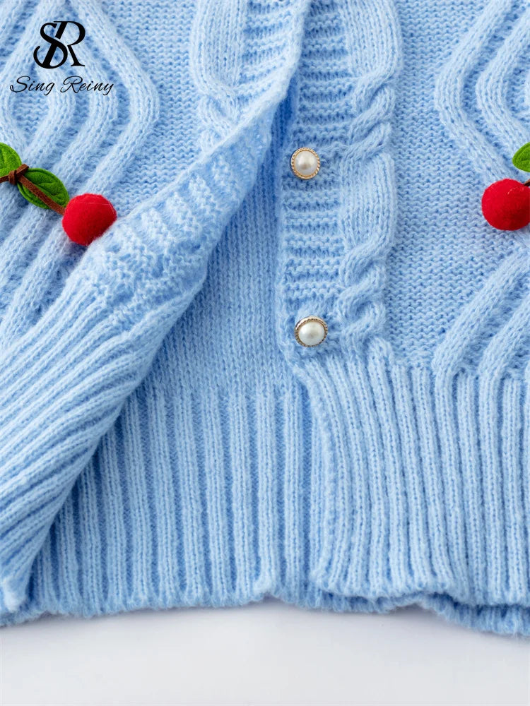 3D Cherry Print O-Neck Long Sleeve Pearl Button Knit Sweater for Women - Cozy Winter Pullover for Casual Wear & Office Outfits