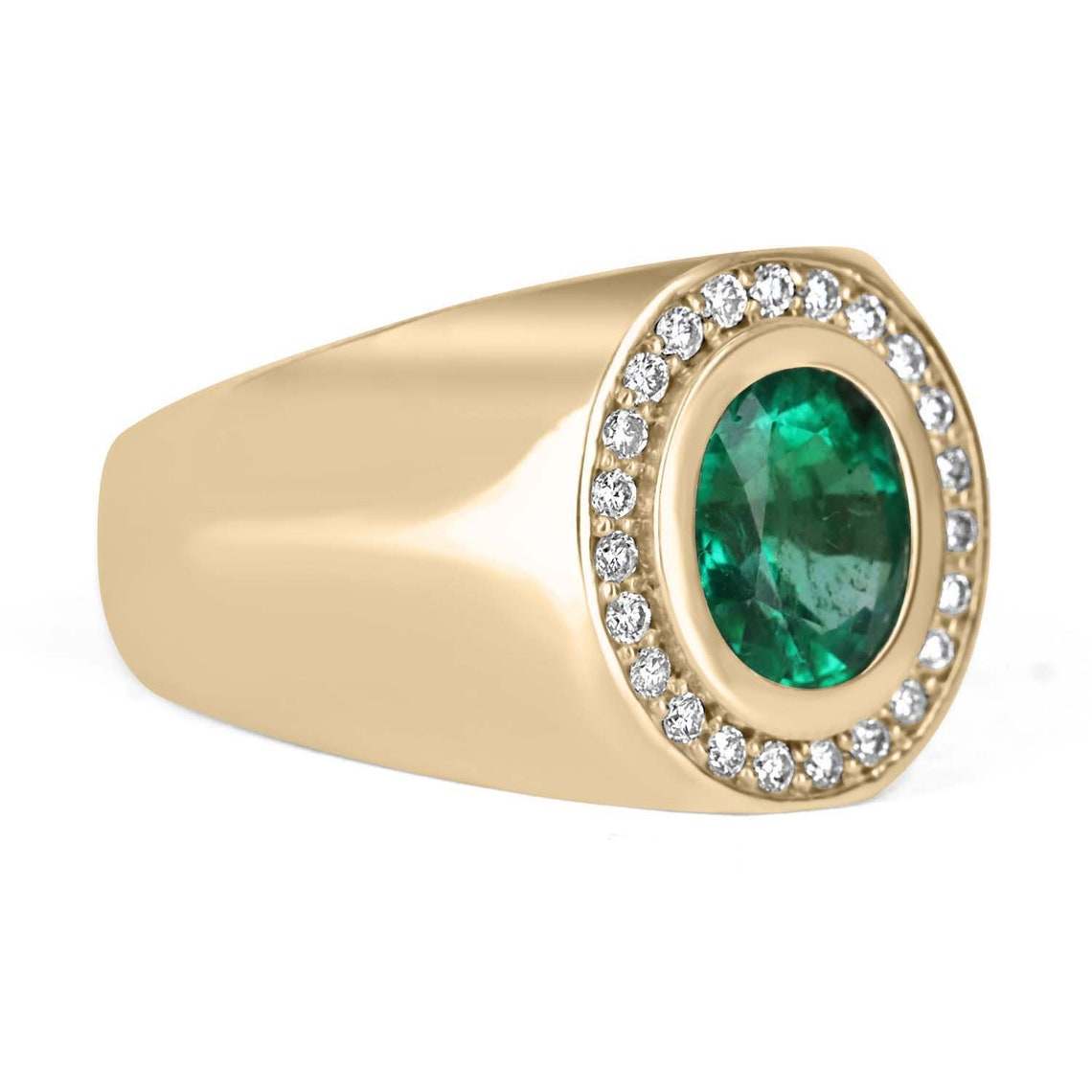 1.95tcw Natural Emerald & Diamond Halo Men's Ring in 14K Gold - Elegant Wedding Band, Anniversary Gift for Him, Perfect for Special Occasions