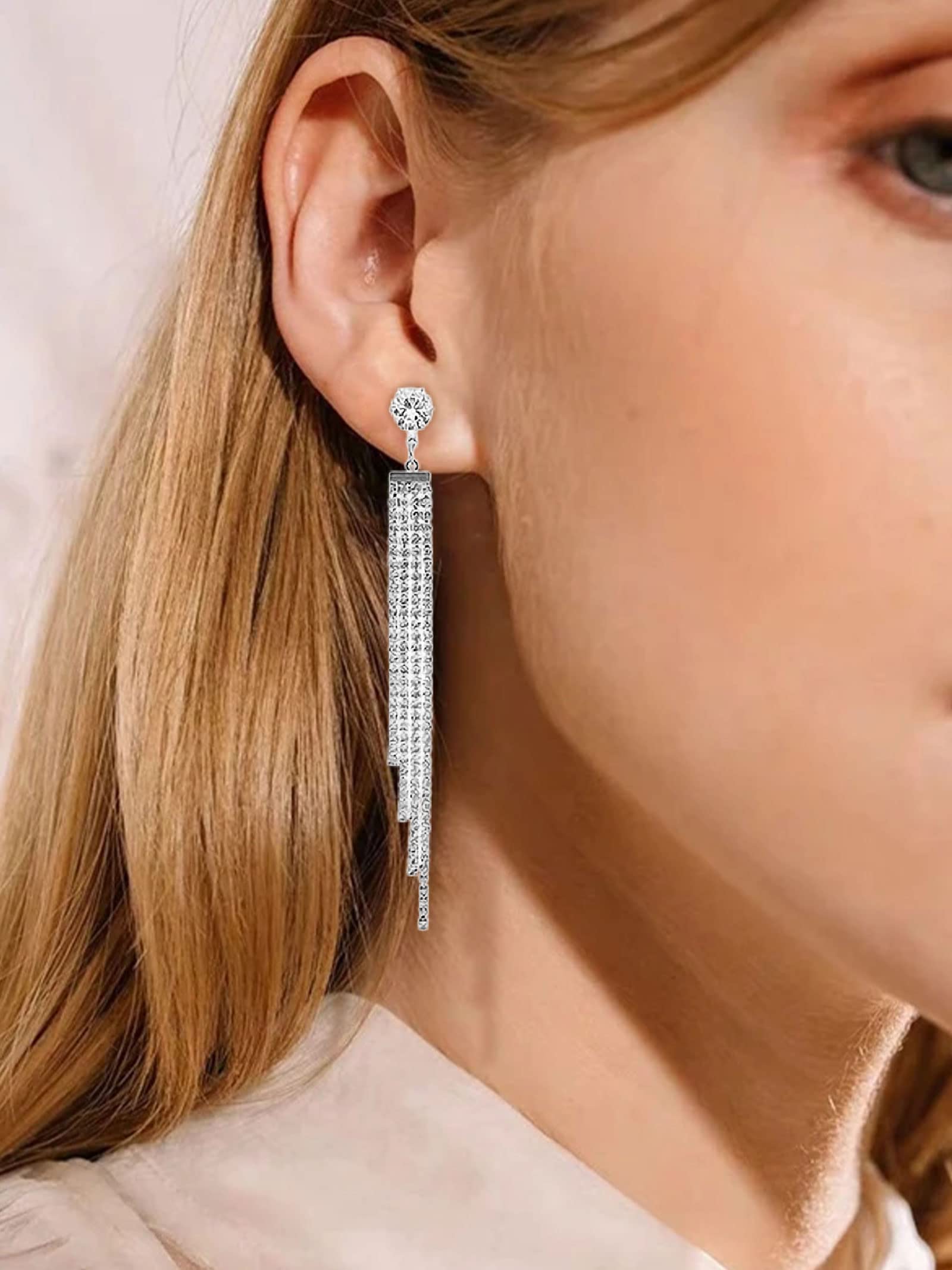 Sparkly Rhinestone Bow Dangle Earrings for Women - Trendy Silver Crystal Long Tassel Earrings | Perfect Christmas Gifts 2024 | Elegant for Parties, Weddings & Special Occasions