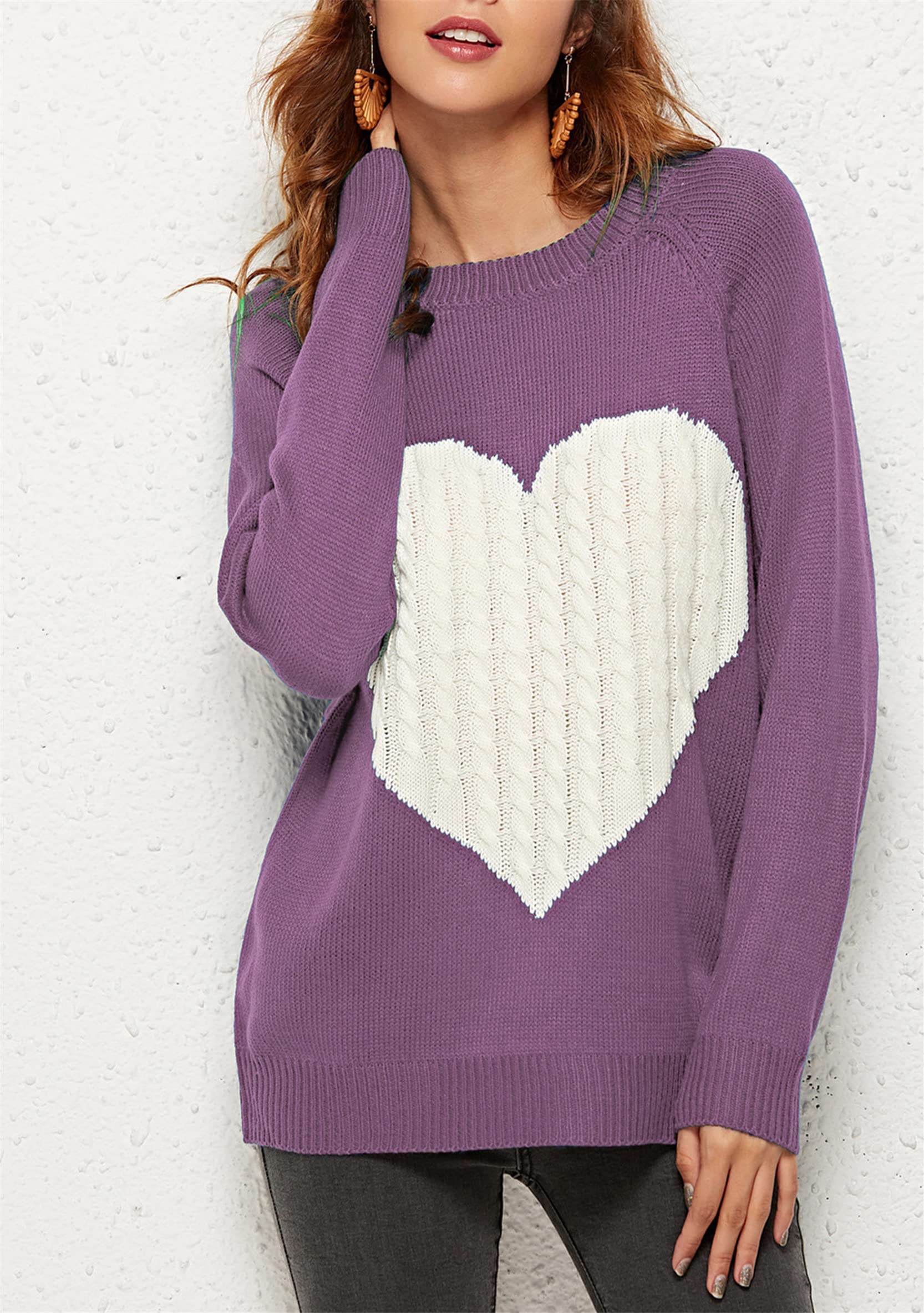 WIWIQS Women's Cute Heart Knit Sweater Valentine's Day Crewneck Top - Cozy Winter Pullover for Date Night & Casual Outfits