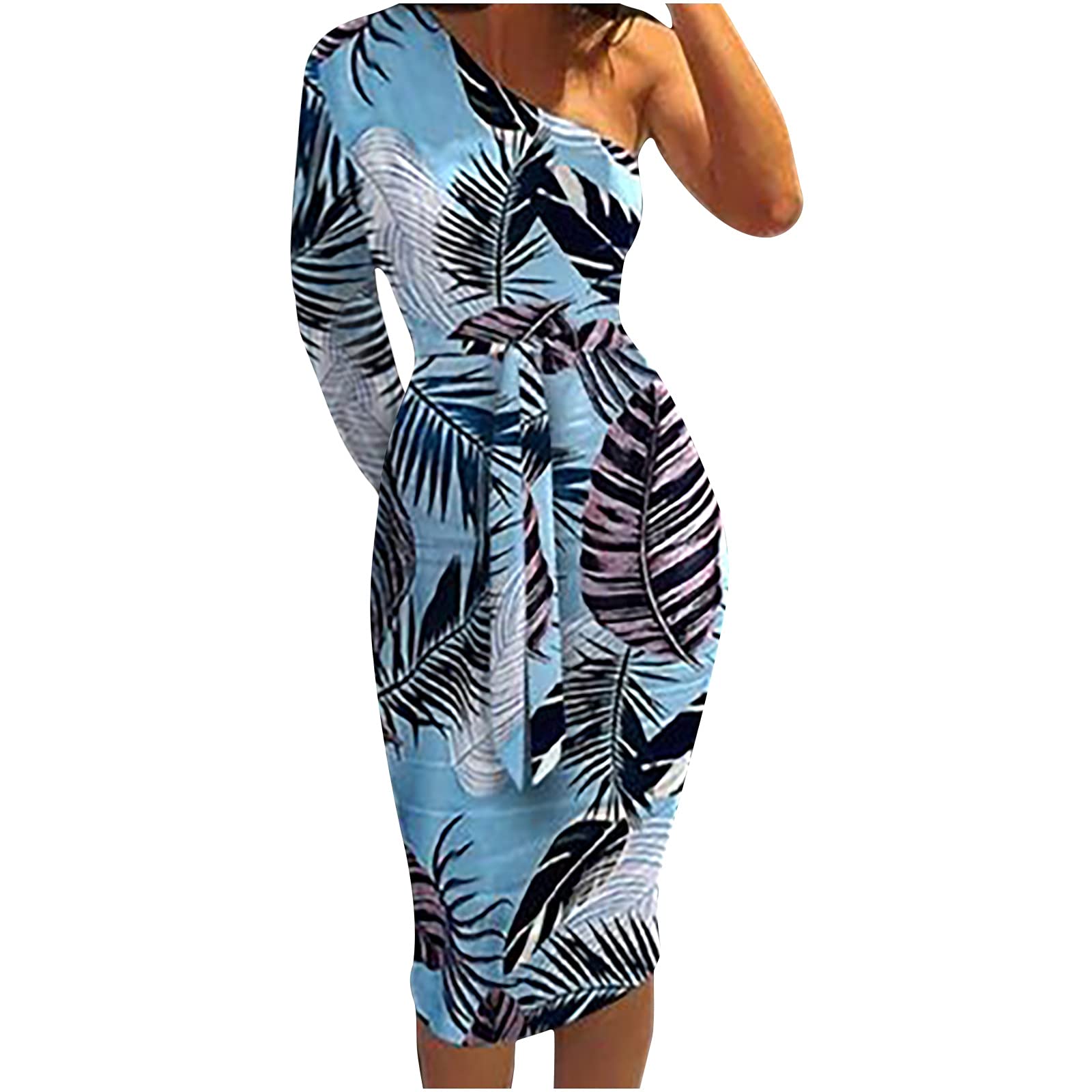 Elegant One Shoulder Ruched Midi Dress for Women - Long Sleeve Bodycon Formal Dress with Belt, Flattering Printed Design | Perfect for Cocktail Parties, Date Nights & Special Occasions