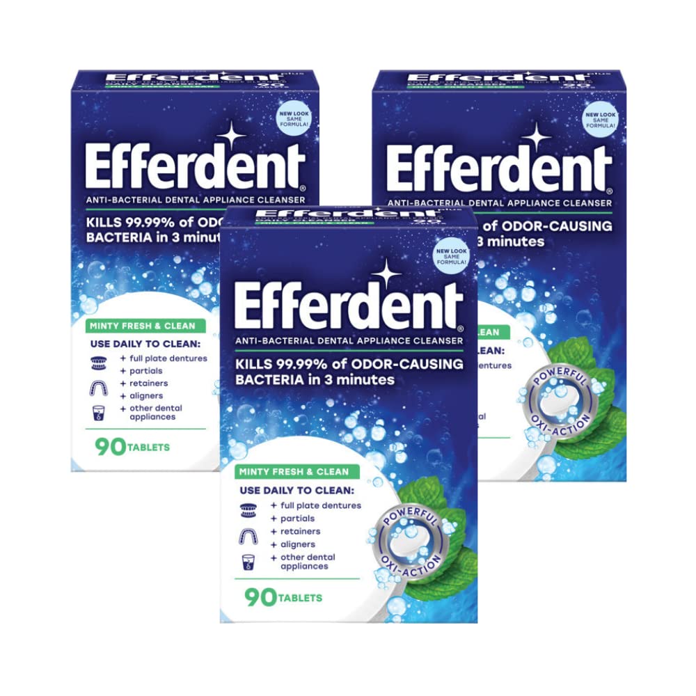 Efferdent Retainer & Denture Cleaning Tablets - 270 Count (3 Packs of 90) - Minty Fresh Breath, Safe for Dental Appliances, Braces, Night Guards - Perfect for Travel & Daily Oral Care