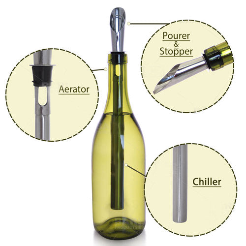 BarConic® Stainless Steel Wine Chiller Stick with Aerator and Stopper - Premium Wine Cooling Rod for Red & White Wines - Perfect for Parties, Dinners & Outdoor Events