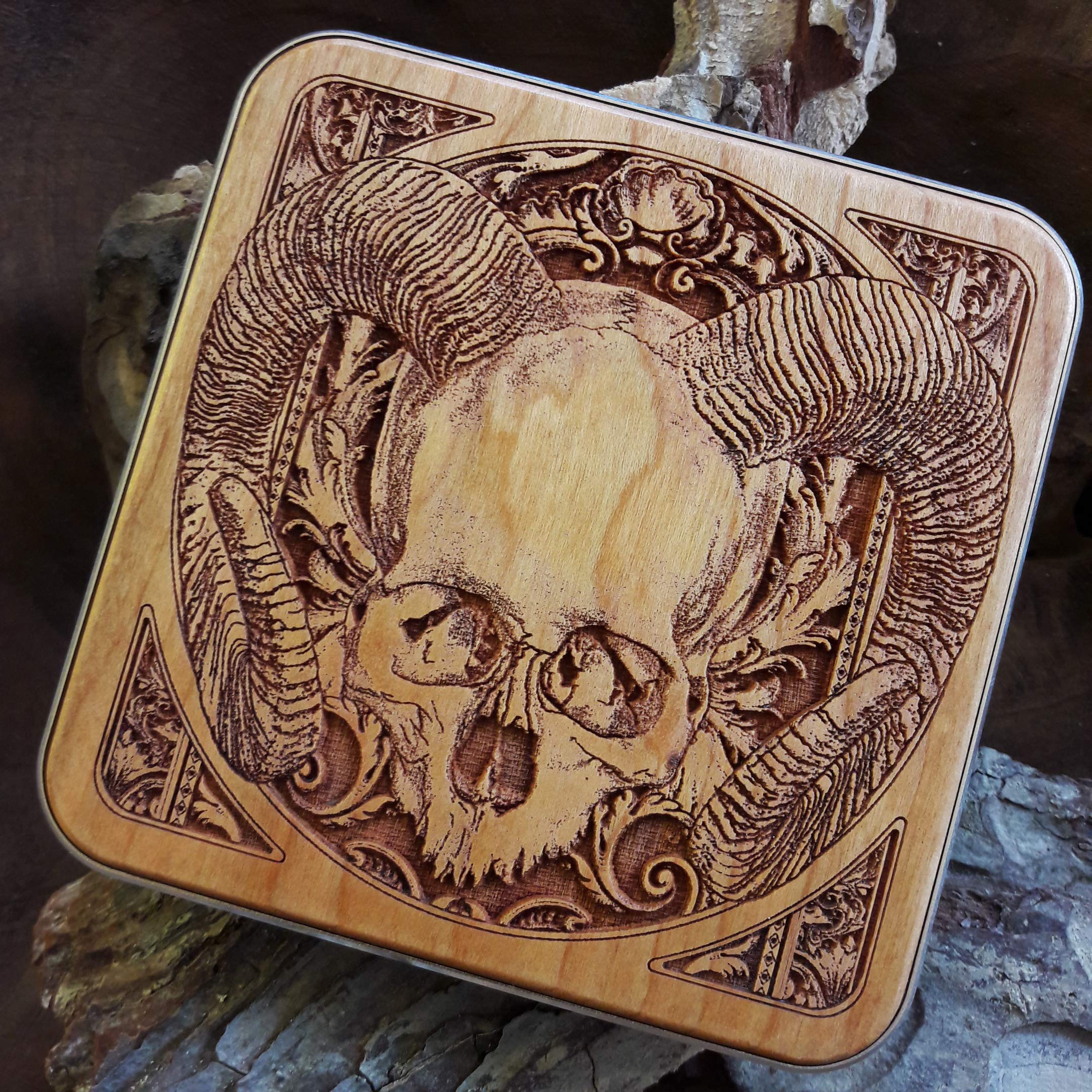 15W Fast Qi Wireless Charger Pad - Laser Engraved Ram Skull Design on Cherry Wood with Black Aluminum Base | Compatible with iPhone 16, Galaxy S25, S24 Ultra | Gothic Dark Art Home & Office Desk Decor | Perfect for Bedroom, Gaming Setup and Gift Giving