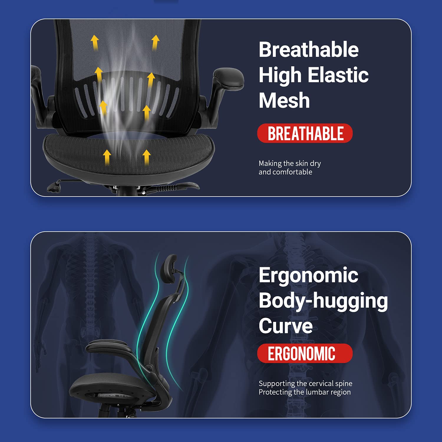 Ergonomic Office Chair with Lumbar Support & Headrest - Adjustable High Back Mesh Computer Desk Chair with Flip-Up Arms for Men & Women - Ideal for Home Office, Gaming & Workspaces - Black