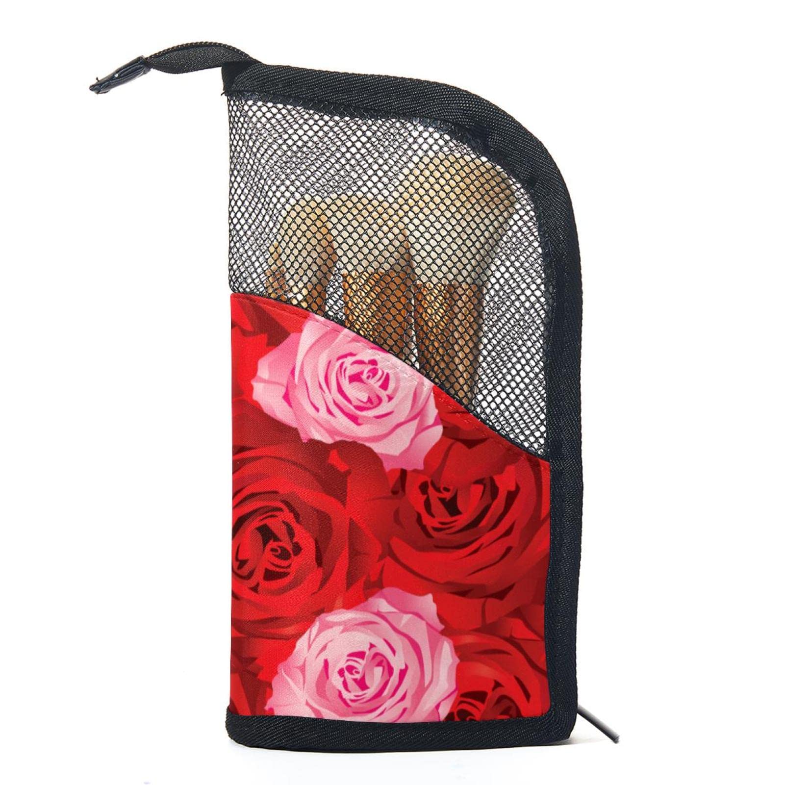 Vintage Roses Flower Makeup Brush Organizer Bag - 12 Slot Portable Makeup Brush Holder Case for Travel, Home & Professional Makeup Artists (Pink Red)