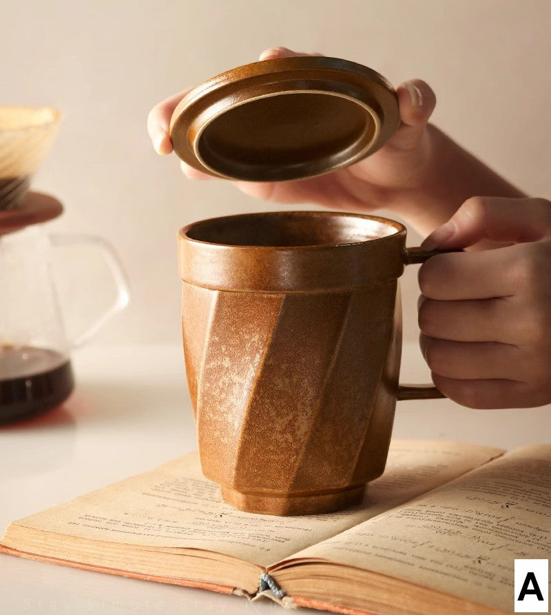 Handmade Ceramic Coffee Mug Set - Large Modern Pottery Tea Cup with Lid, Unique Brown Green Blue Black Colors, Perfect for Home Office & Gifts