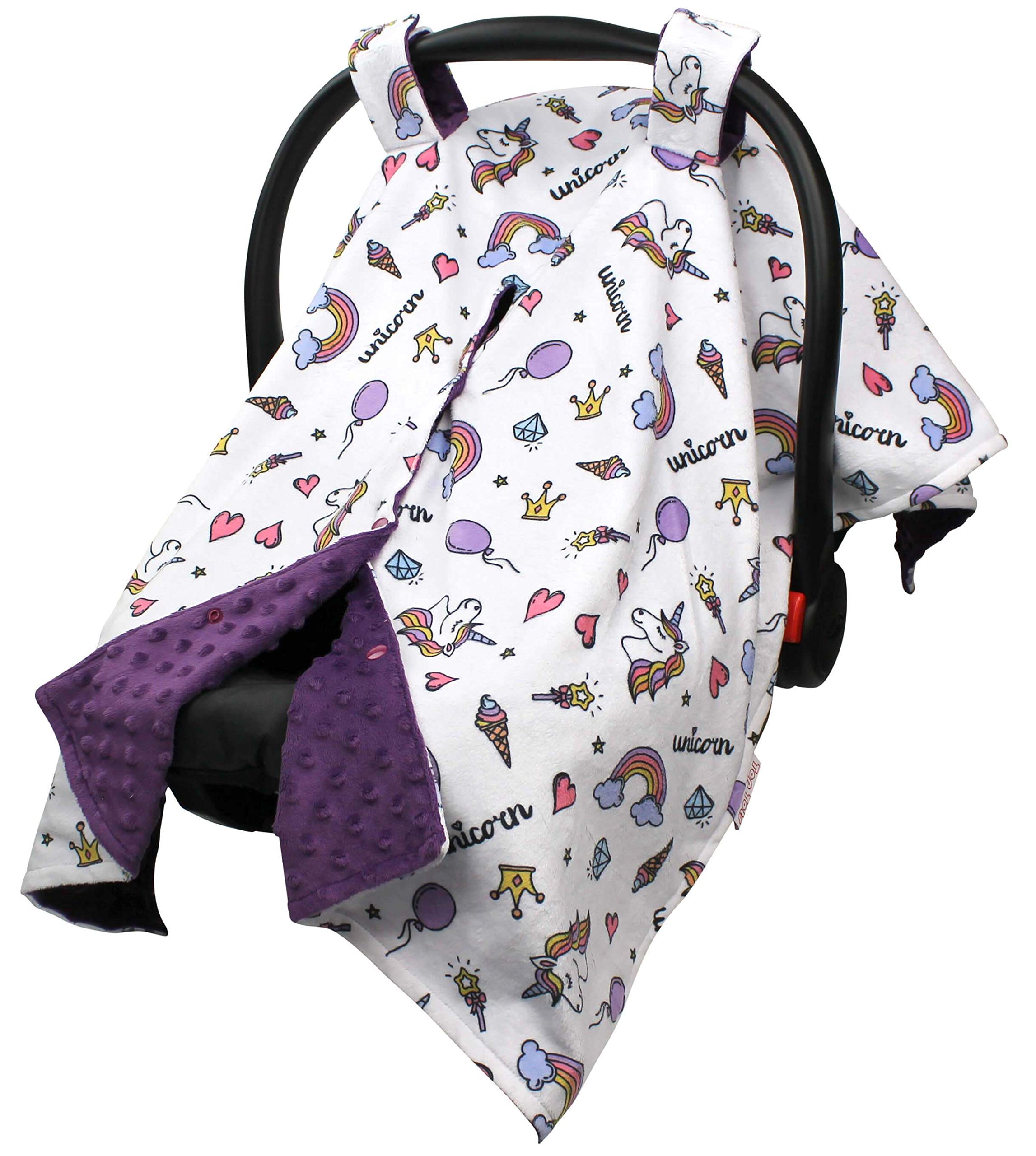 Baby Car Seat Canopy Cover - Soft Purple Minky Dot with Unicorn & Rainbow Design | Universal Fit for Infant Car Seats | Perfect for Travel, Shopping & Outdoor Protection