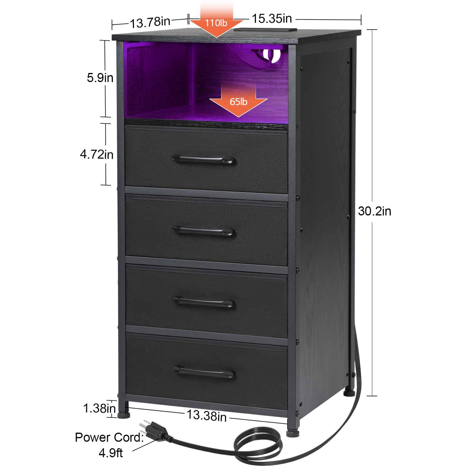 Modern Night Stand Set of 2 with USB Charging Station & LED Lights - Tall Bedside Tables with 4 Drawers & Storage Bins - Black Bedroom Dresser with Outlets (HNS034BK) - Perfect for Small Spaces, Guest Rooms & Apartment Bedrooms