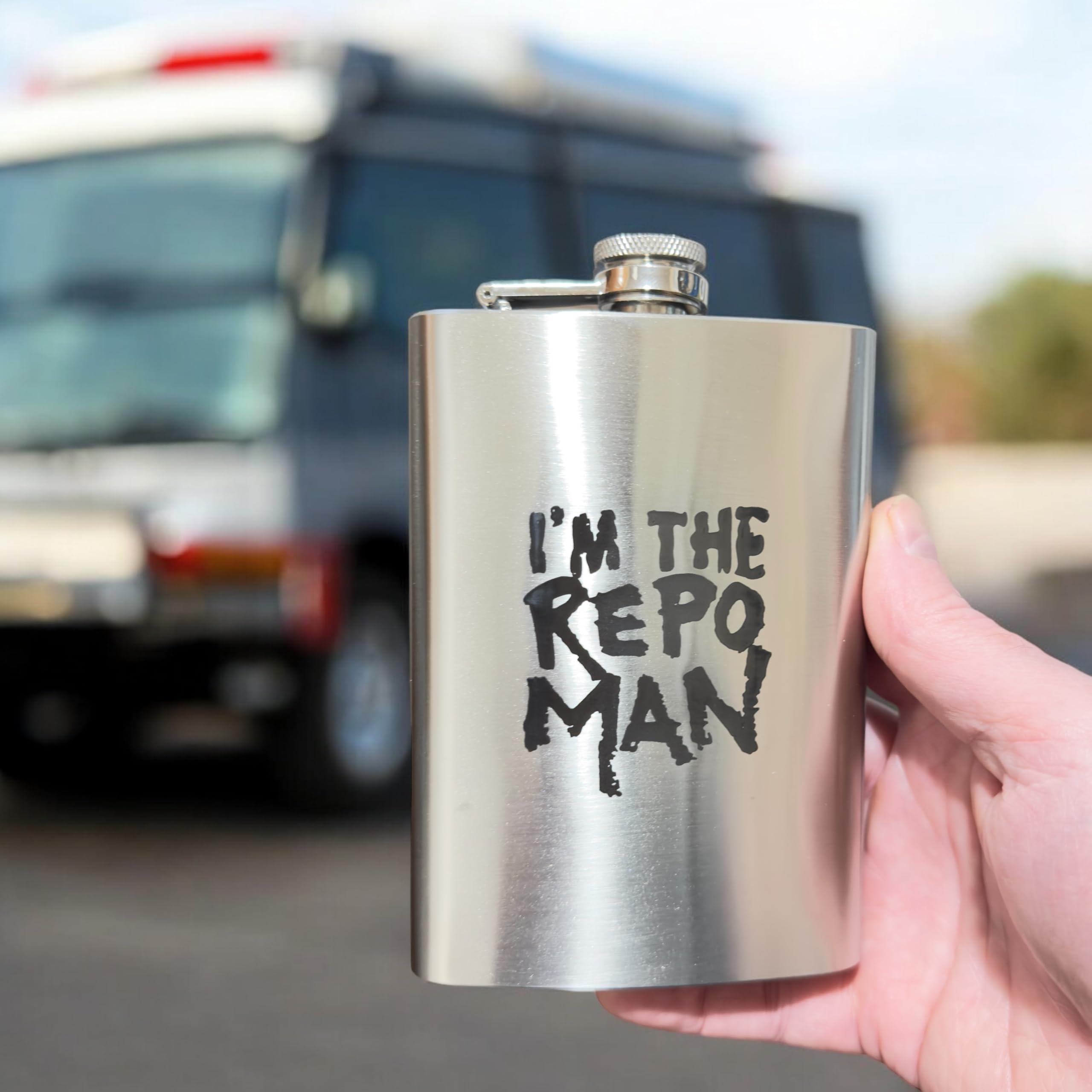 8oz Stainless Steel 'I'm the Repo Man' Hip Flask - Perfect for Outdoor Adventures, Parties & Gifts