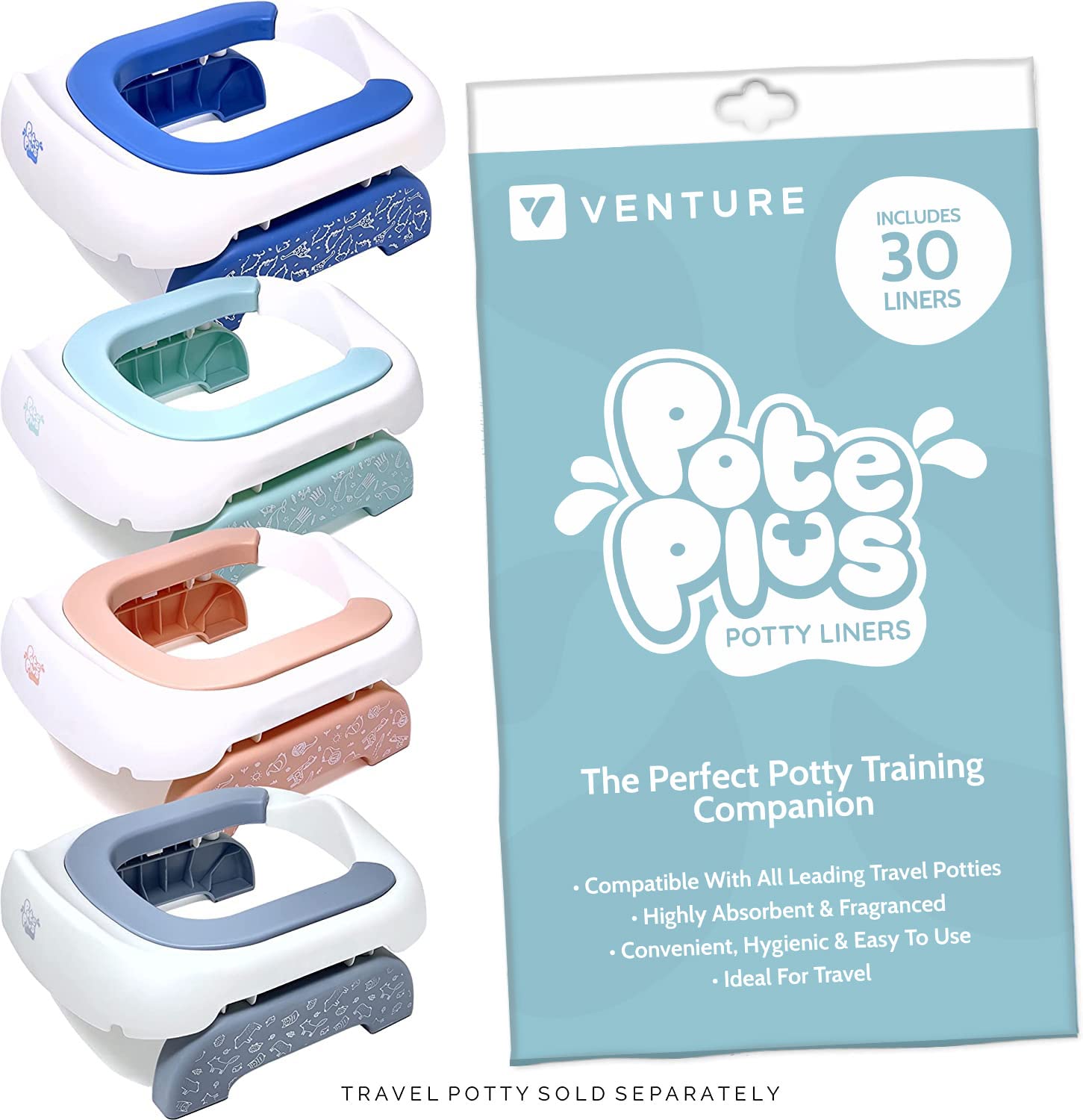 Venture 90 Pack Disposable Travel Potty Liners for Portable Potty - Leak Proof & Odor Control - Fits Most Toddler Travel Potty Seats - Perfect for Road Trips, Camping & Airplane Travel