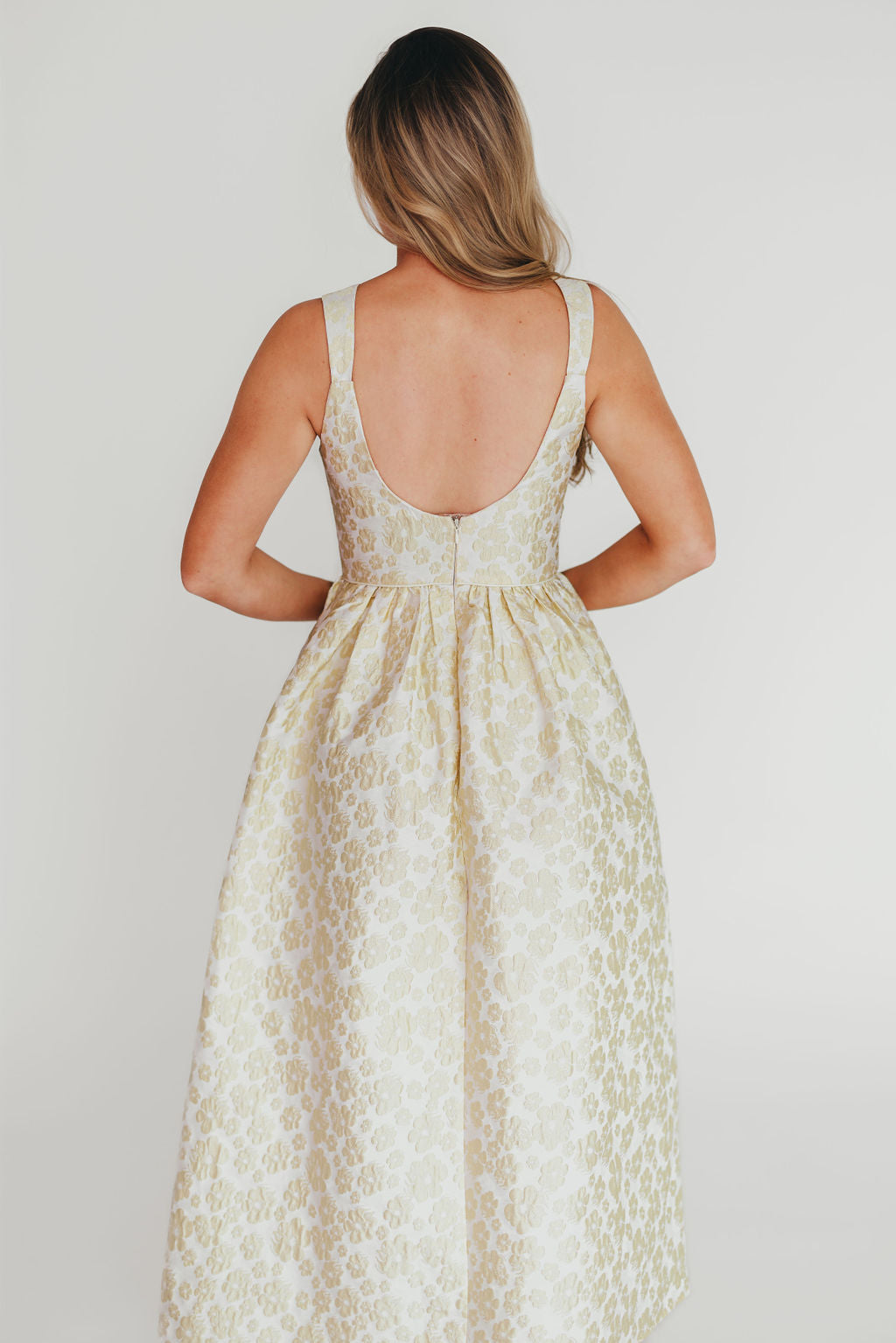 Hayden Floral Jacquard Midi Dress in Butter Yellow - Elegant Spring Summer Cocktail Party Dress for Women, Perfect for Weddings, Garden Parties & Date Nights