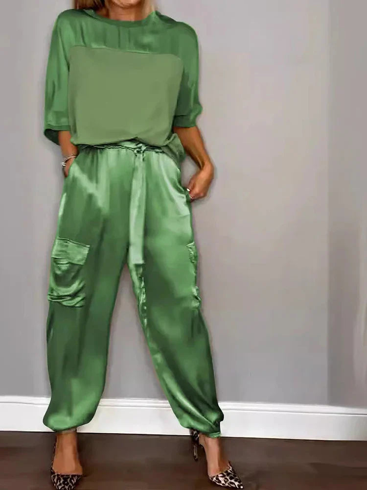 Women's Solid Color Satin Two Piece Set - Round Neck Top & Loose Long Pants Outfit for Spring Summer | Casual Lounge Wear, Street Style Fashion, Office to Weekend Outfits