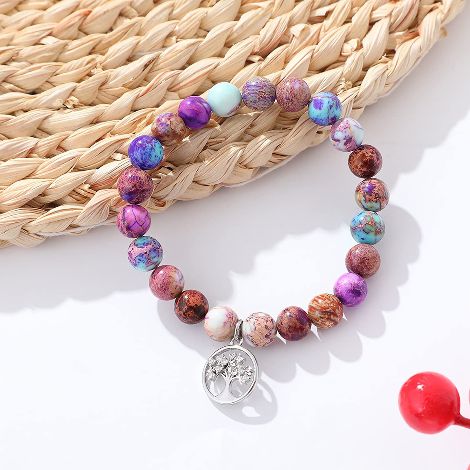 Teacher Bracelet Gift for Women - Natural Stone Jewelry with Apple Bee Charm for Graduation & Appreciation - Class of 2024