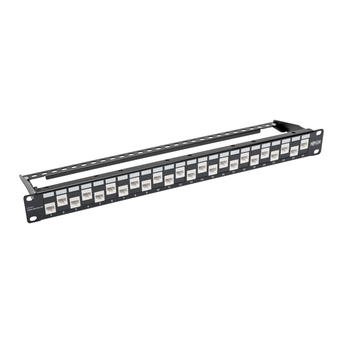 Tripp Lite 24-Port Cat6a Cat6 Cat5e Feed-Through Patch Panel with Cable Management Bar - TAA Compliant 1U Rack Mount (N254-024-6A-OF) | Ideal for Data Centers, Server Rooms & Network Installations