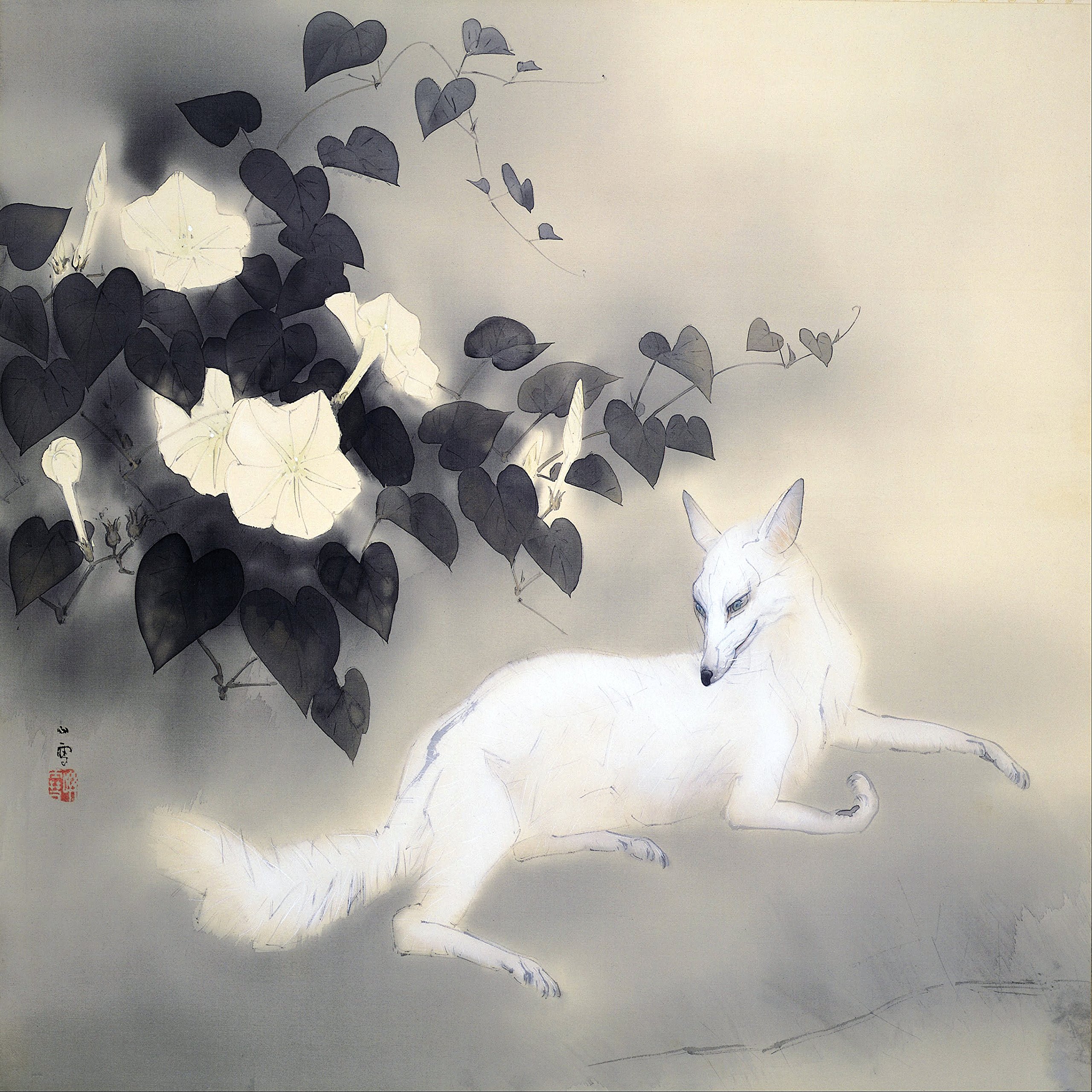 Japanese White Fox Floral Tile Mural by Hashimoto Kansetsu - 6