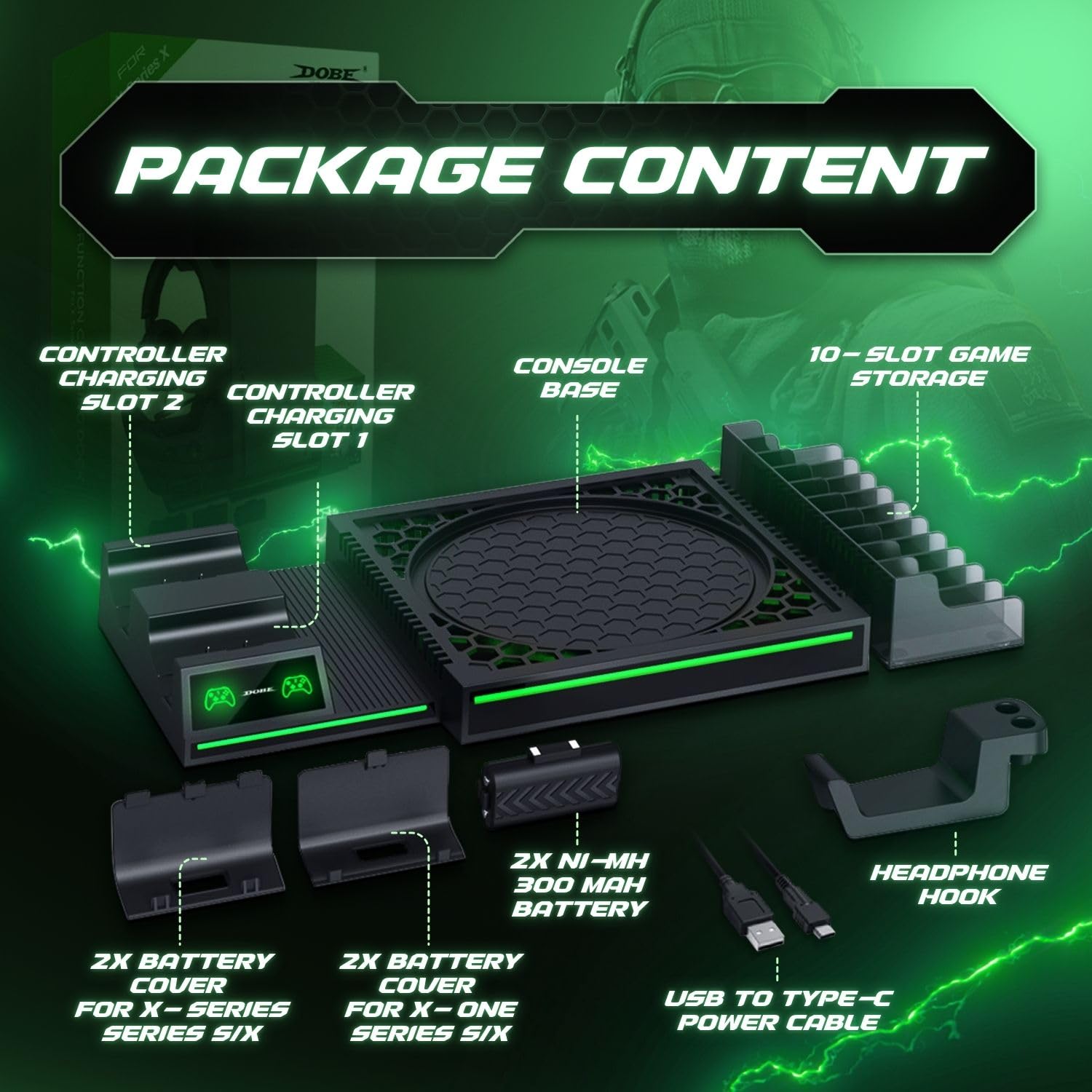 TNP Vertical Stand for Xbox Series X - Charging Station with 2 Rechargeable 300mAh Batteries, 10 Game Slots & Headset Hook - Perfect for Gaming Setup & Organized Storage