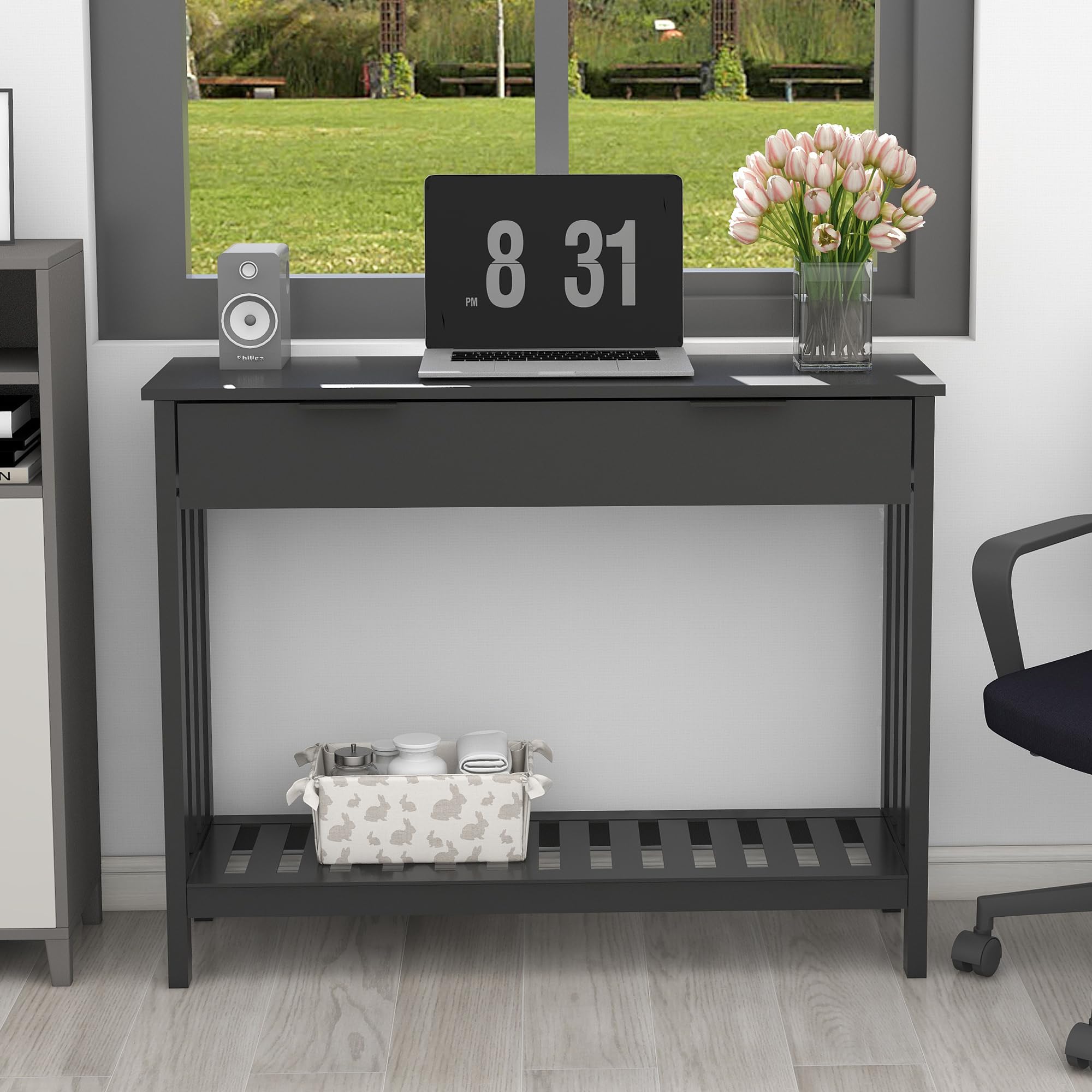 Modern Black Entryway Table with Drawer - Slim Wooden Console Table with Storage for Hallway, Living Room & Office - Perfect for Small Spaces, Front Door Decor & Sofa Side Table - Home & Office Organization Solution