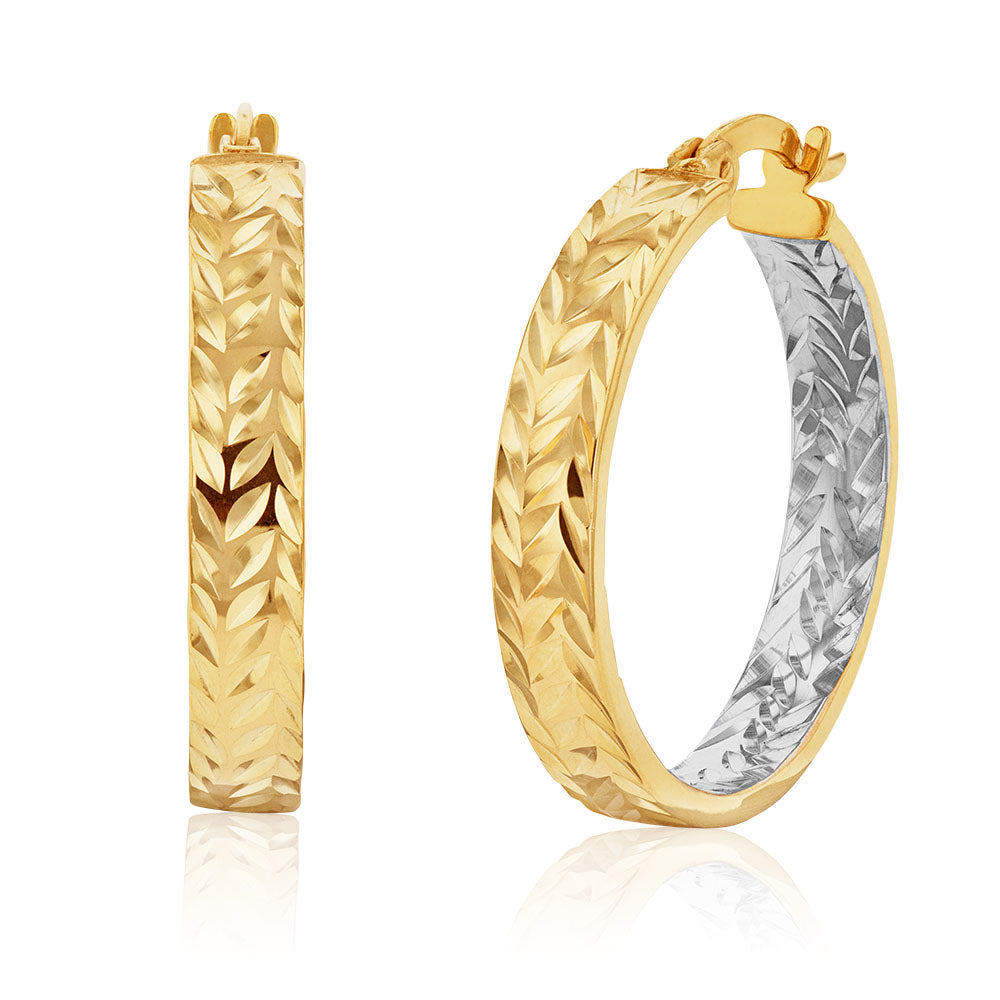 9ct Silver Filled Yellow & White Gold Double-Sided Diamond Cut 20mm Hoop Earrings – Elegant Everyday Wear & Special Occasion Jewelry