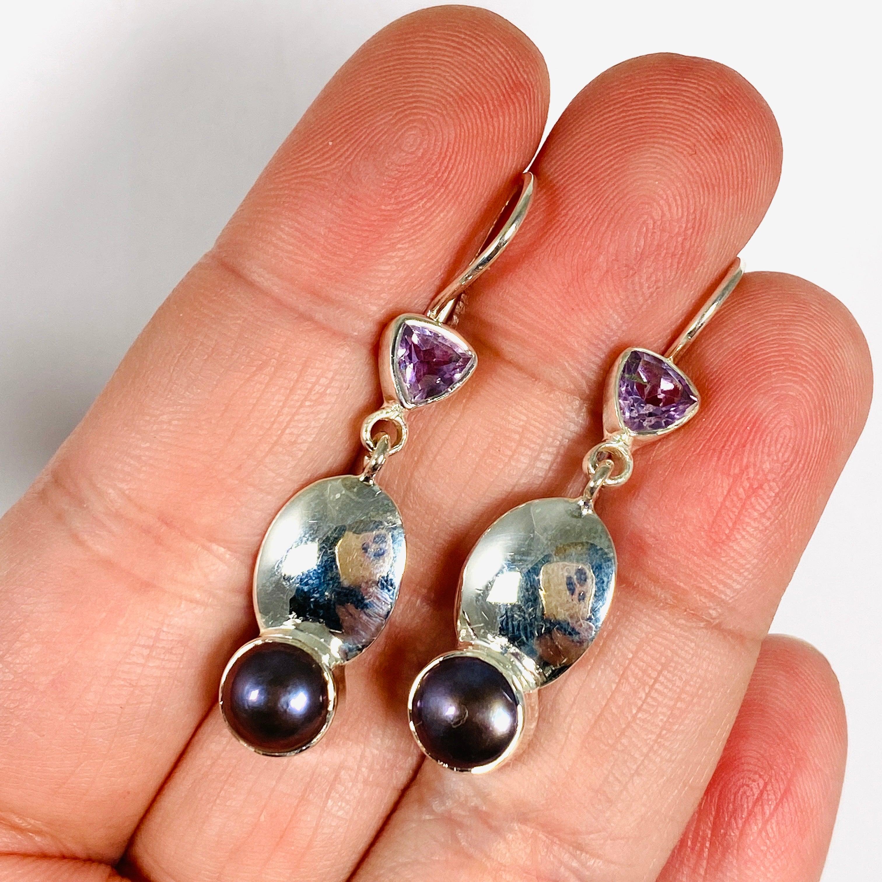 Elegant Faceted Pearl and Amethyst Earrings E2531 AM - Perfect for Weddings, Parties & Special Occasions