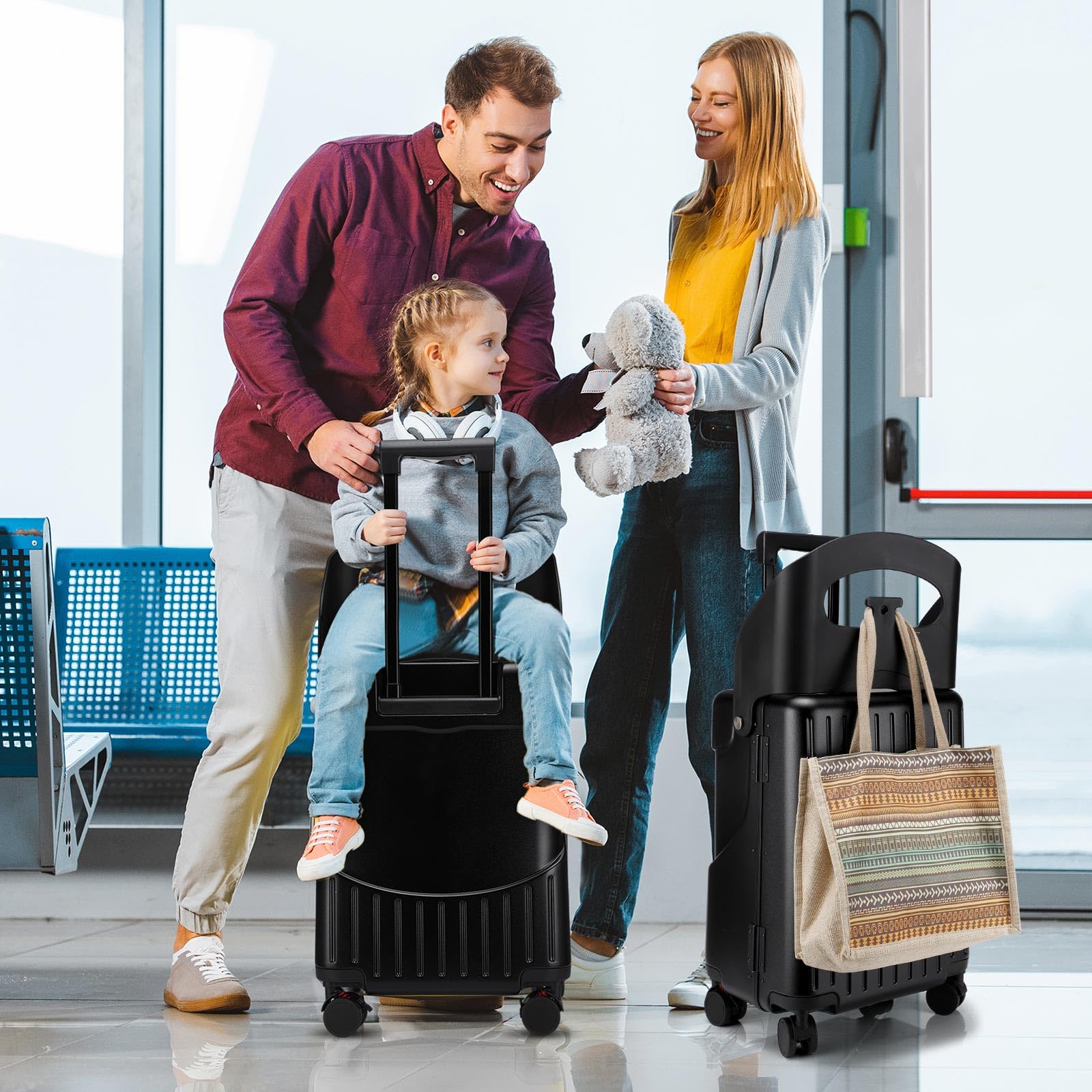 20 Inch Kids Ride-On Luggage with Seat - Top Opening Aluminum Frame Suitcase with 360° Spinner Wheels & TSA Locks - Perfect for Air Travel & Family Vacations (Black)
