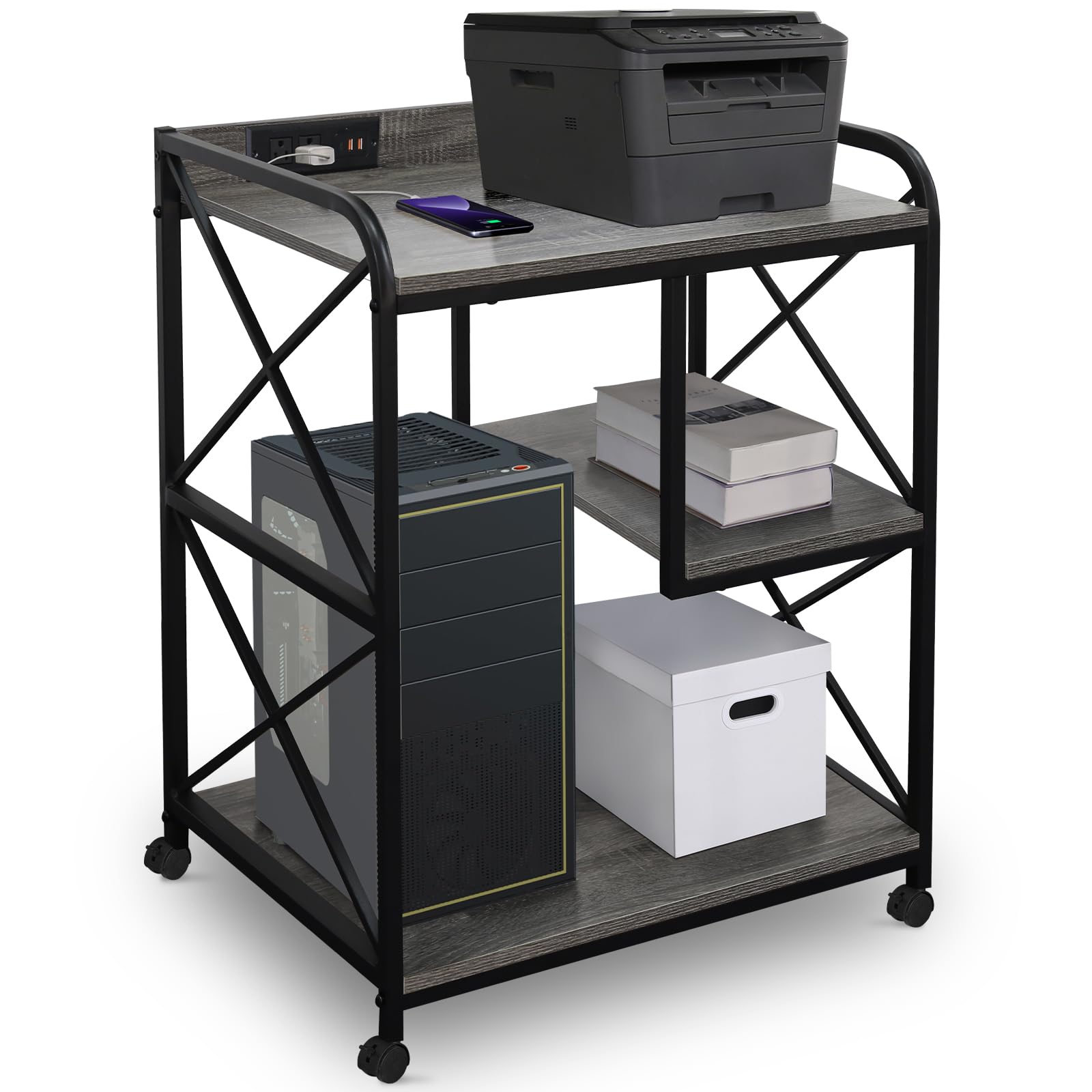 23 x 18 Inch Rolling Printer Stand with Storage Shelf & Power Outlet - Mobile Printer Cart Tower for Home Office, Wheels for Easy Movement - Grey Oak Finish | Perfect for Workspace Organization & Small Office Equipment Storage