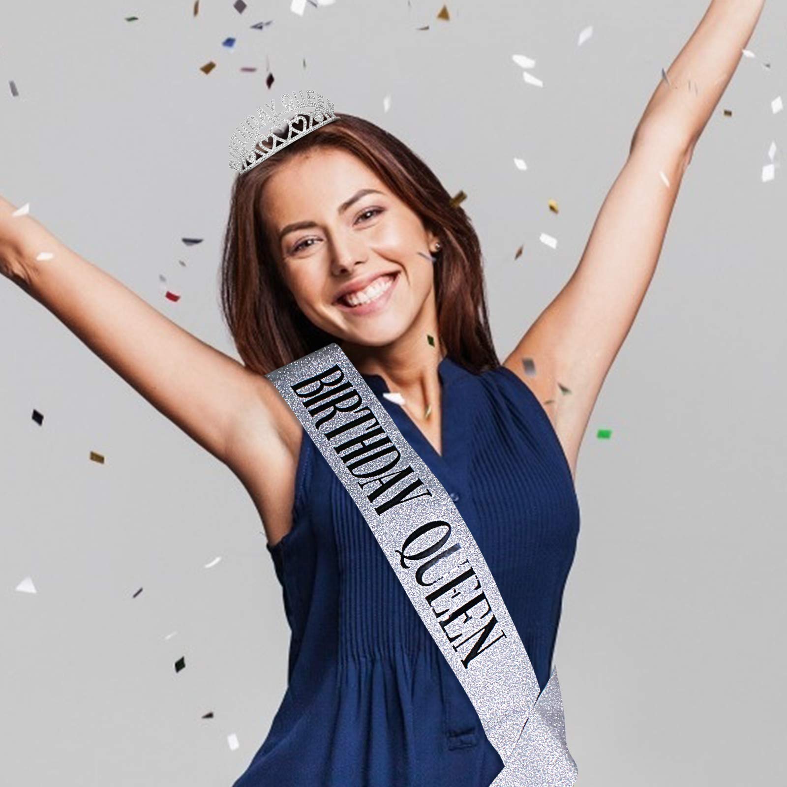 Semato Birthday Crown & Glitter Sash Kit - Silver Birthday Party Decorations for Women | Birthday Party Favors & Accessories | Perfect for Bachelorette, Bridal Showers & Milestone Celebrations
