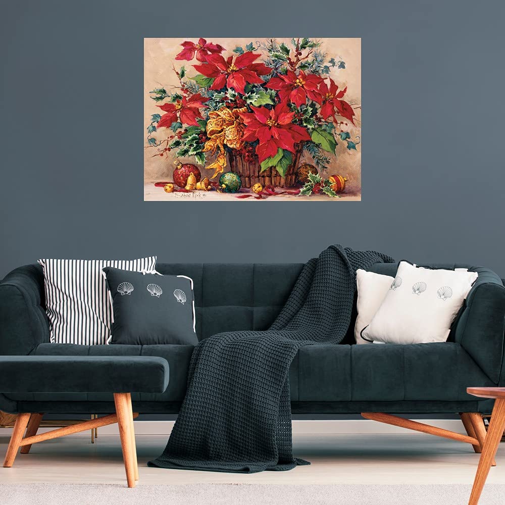 Festive Poinsettia Basket Wall Art Canvas Print by Barbara Mock - 32x24 Inch Ready-to-Hang Painting for Living Room, Bedroom, Office Decor - Perfect for Christmas Holiday Home Decoration & Gift
