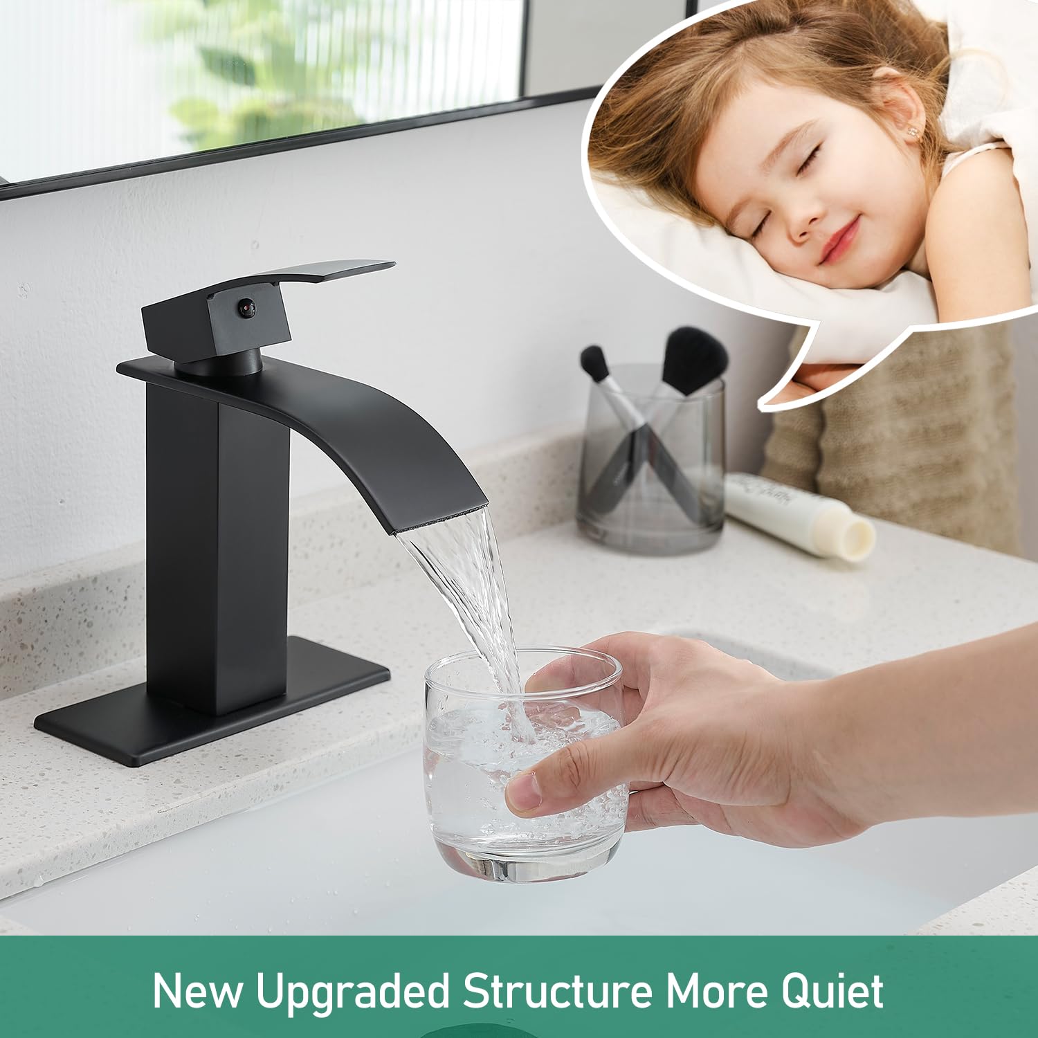 VOTON Matte Black Single Handle Waterfall Bathroom Sink Faucet - Modern Design for 1 or 3 Holes with Deck Plate - Perfect for RV, Camper, Farmhouse & Utility Sink Remodels (Ideal for Small Bathrooms & Vanities)