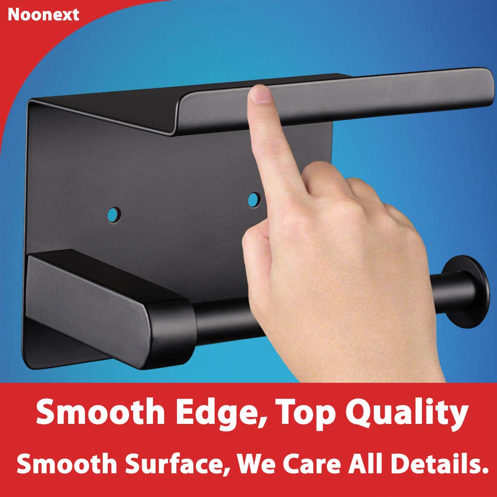 Stainless Steel Toilet Paper Holder with Shelf - No Drill Adhesive Mount - Black Matte SUS304 Bathroom Tissue Dispenser for Mega Rolls | Perfect for Small Bathrooms, RVs & Apartments