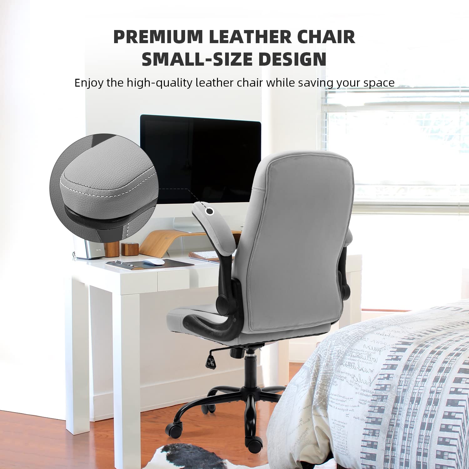 SEATZONE Ergonomic High Back Office Chair with Flip-Up Arms, Swivel & Wheels - Modern Leather Desk Chair for Adults & Teens - Gray - Perfect for Home Office, Gaming & Workspaces