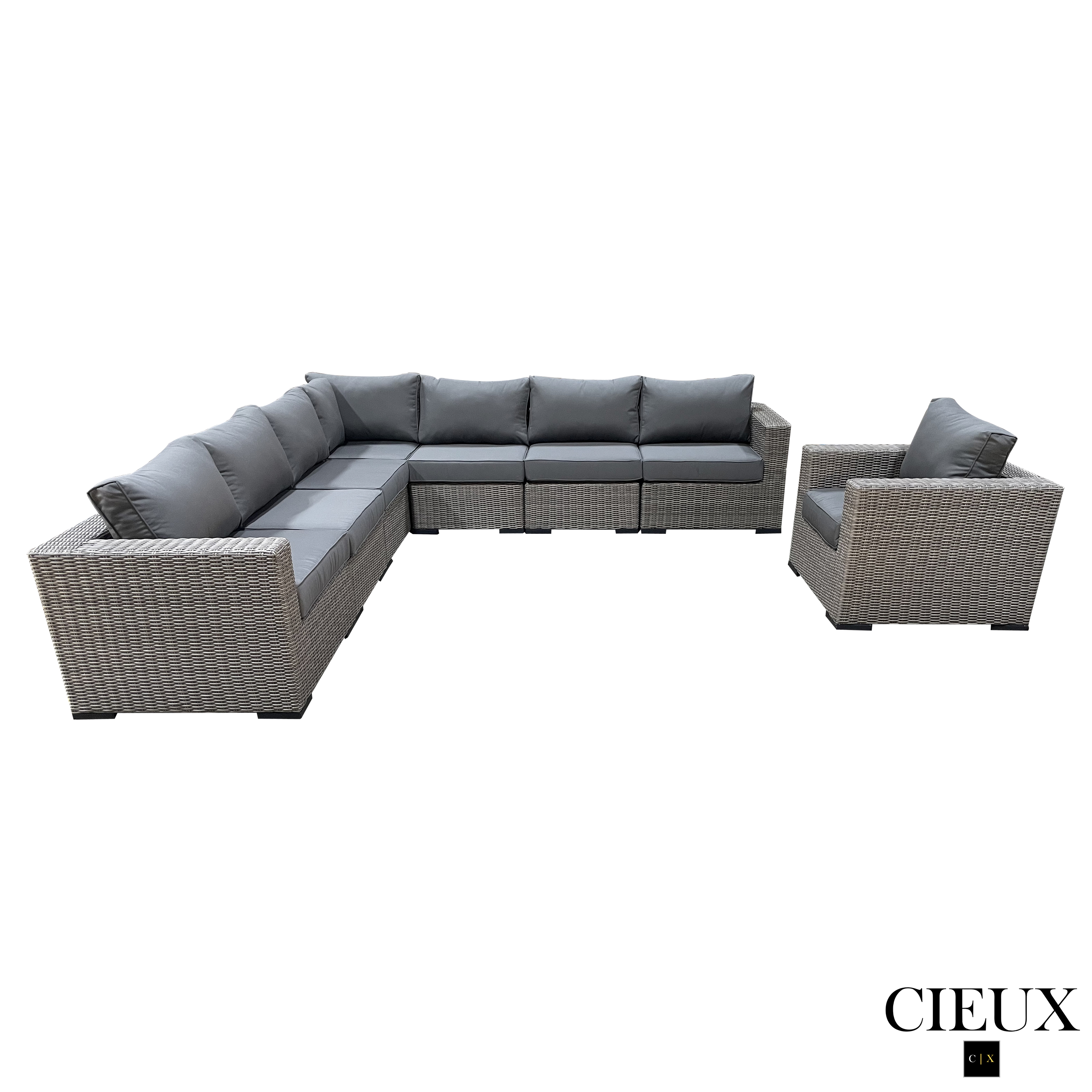 Riviera Outdoor Patio Wicker Large Corner Sectional Sofa and Club Chair Set - Grey Weather-Resistant Furniture with Sunbrella Canvas Charcoal Cushions for Backyard, Poolside & Garden Relaxation