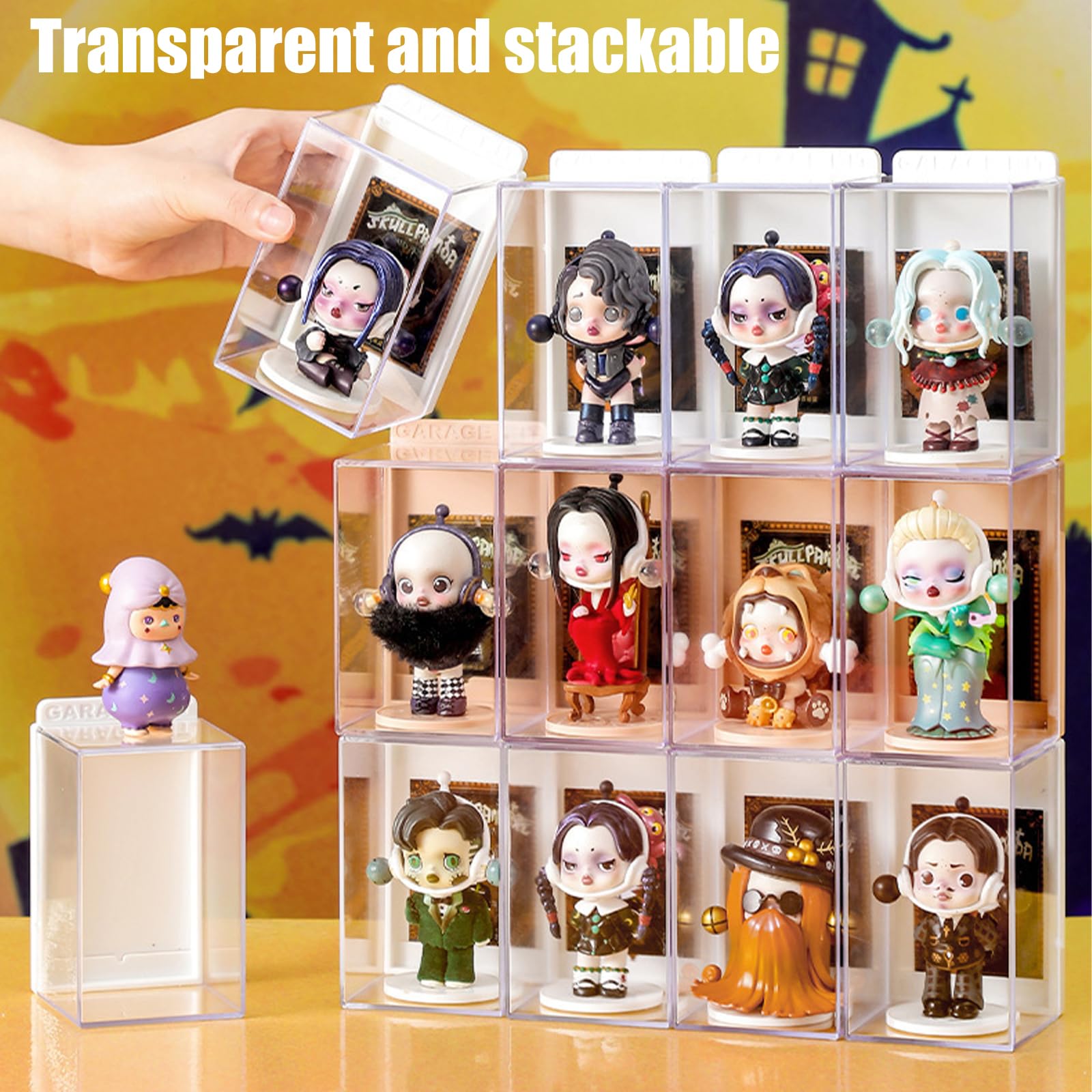 Clear Stackable Figures Display Case with ID Card Slot - Acrylic Doll Stand for Pop Mart, Lego, Action Figures Collectibles - Perfect for Showcasing & Protecting Your Valuable Collections at Home or Office