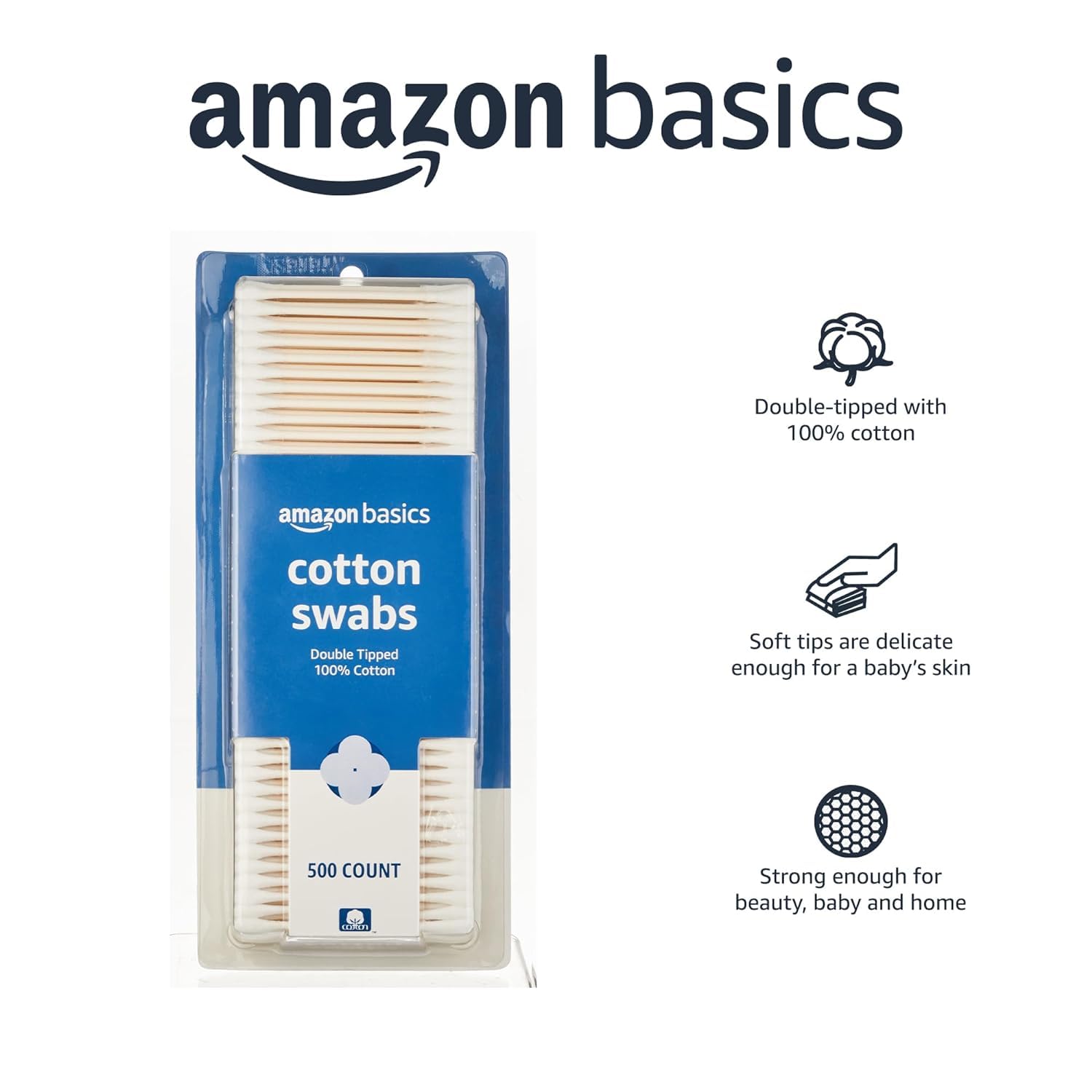 Amazon Basics Cotton Swabs - 500 Count, Double-Tipped Swabs for Ear Cleaning, Makeup Application, First Aid & Crafting - Hypoallergenic & Soft Cotton Buds