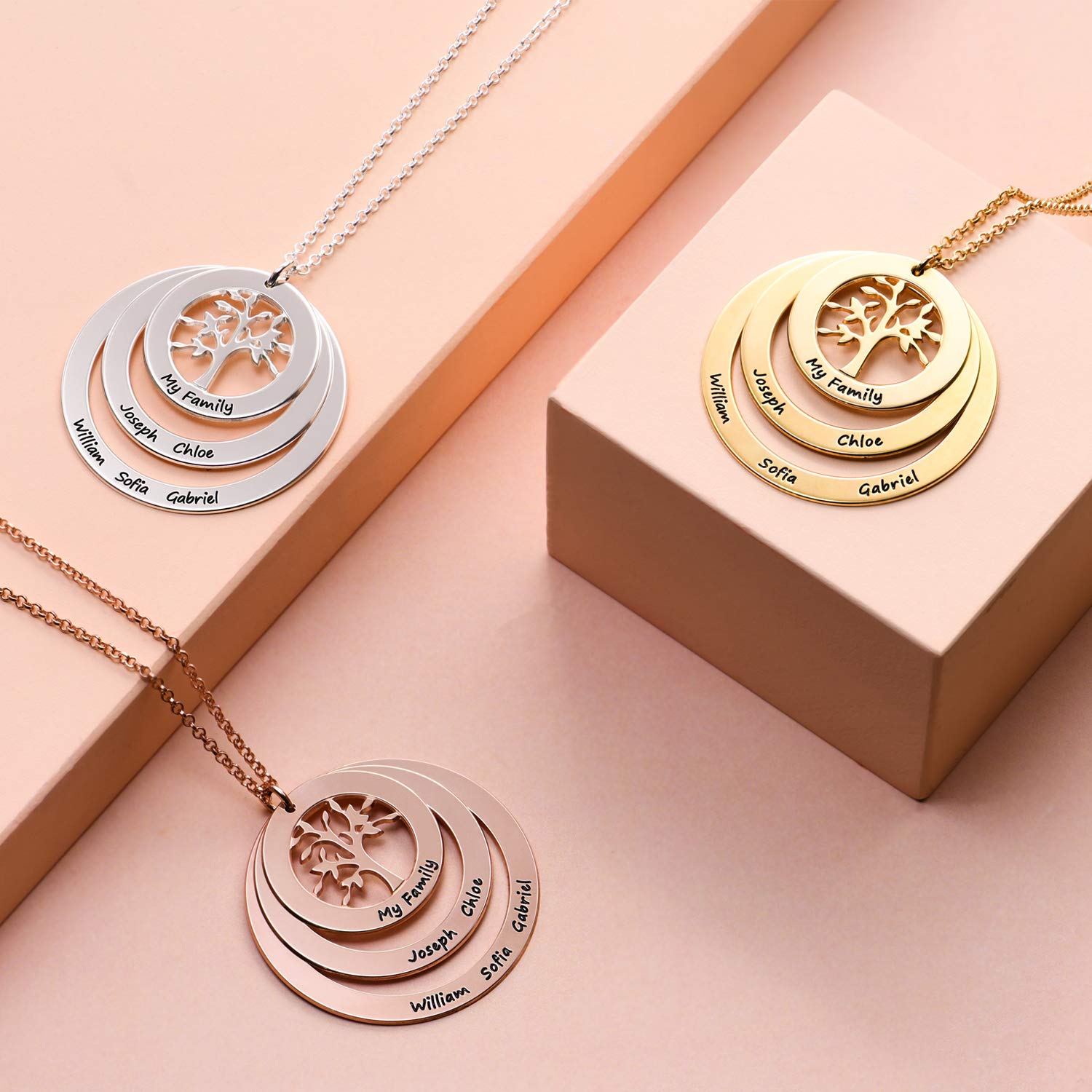 Personalized Family Tree Necklace for Women - Custom Engraved Name Jewelry with 3 Hanging Discs - Unique Gift for Mom, Mother's Day, Anniversary & Special Occasions - Perfect for Family Reunions, Weddings & Keepsake Memories