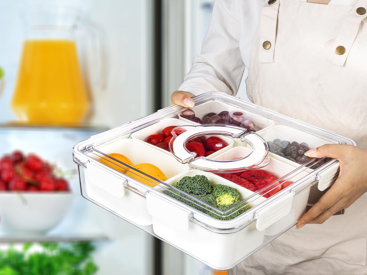 Large 6-Compartment Snackle Box Container with Lid & Handle - Portable Divided Serving Tray for Charcuterie, Fruits, Veggies, Candy & Salads | Perfect for Picnics, Parties, Office Lunches & Family Gatherings