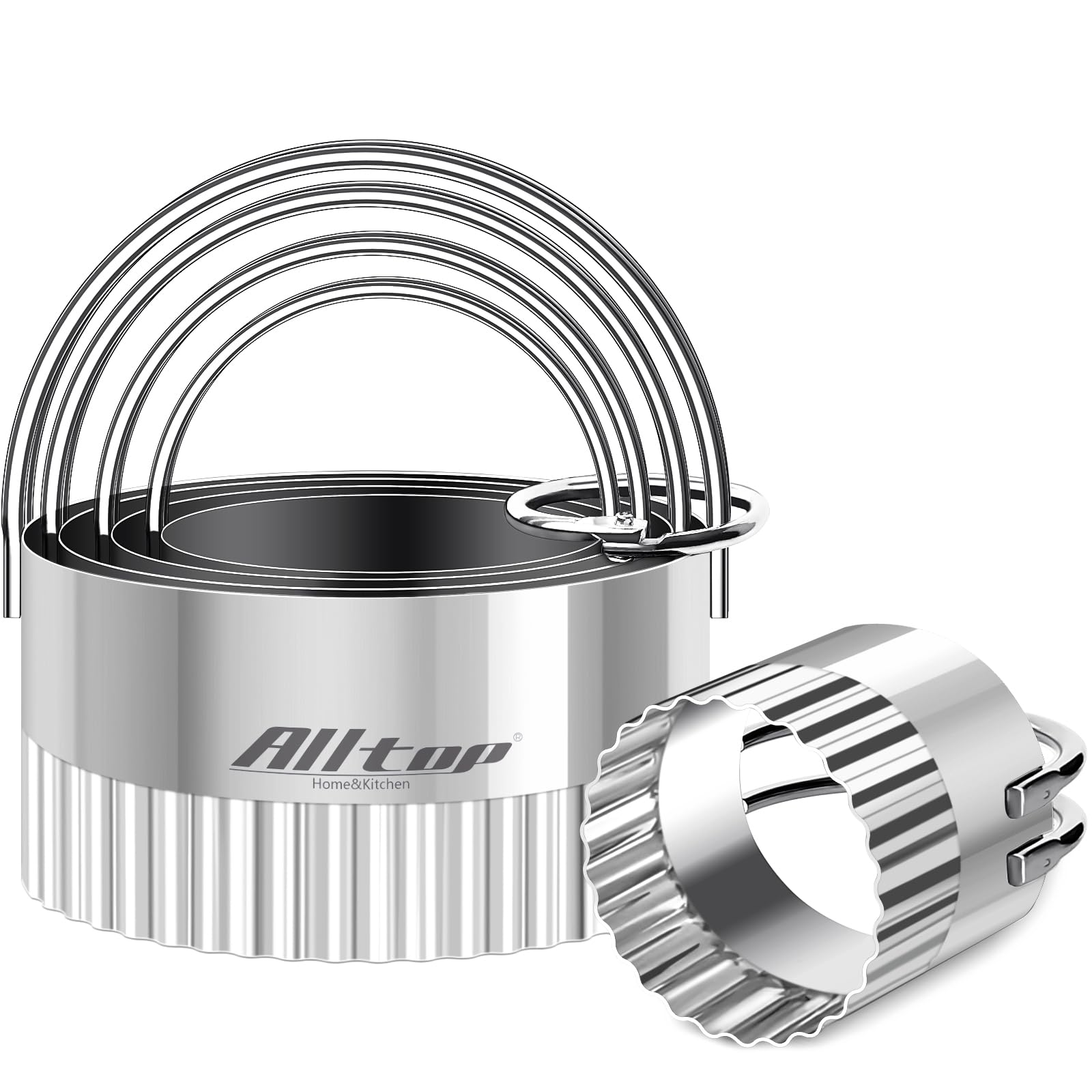 ALLTOP 5-Piece Stainless Steel Round Biscuit Cutters Set with Handle & Fluted Edge - Professional Baking Tools for Cookies, Pastry, Scones, Donuts - Perfect for Holiday Baking, Party Treats & Homemade Desserts