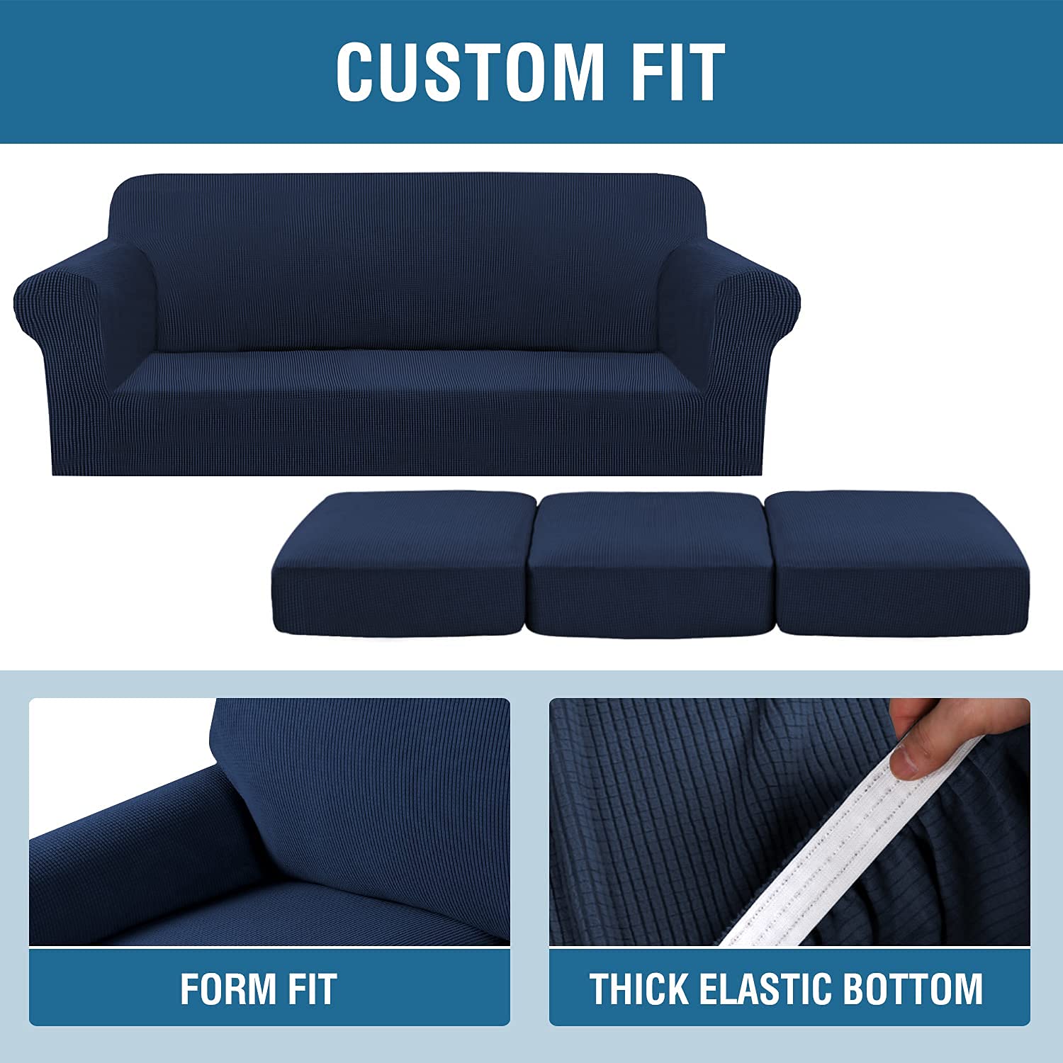 H.VERSAILTEX Navy Blue Sofa Cover Set - 3 Cushion Couch Protector & 2 Cushion Loveseat Slipcover - Stretchable Furniture Protector for Pets, Kids, Daily Use - Perfect for Living Room, Family Room, and Office