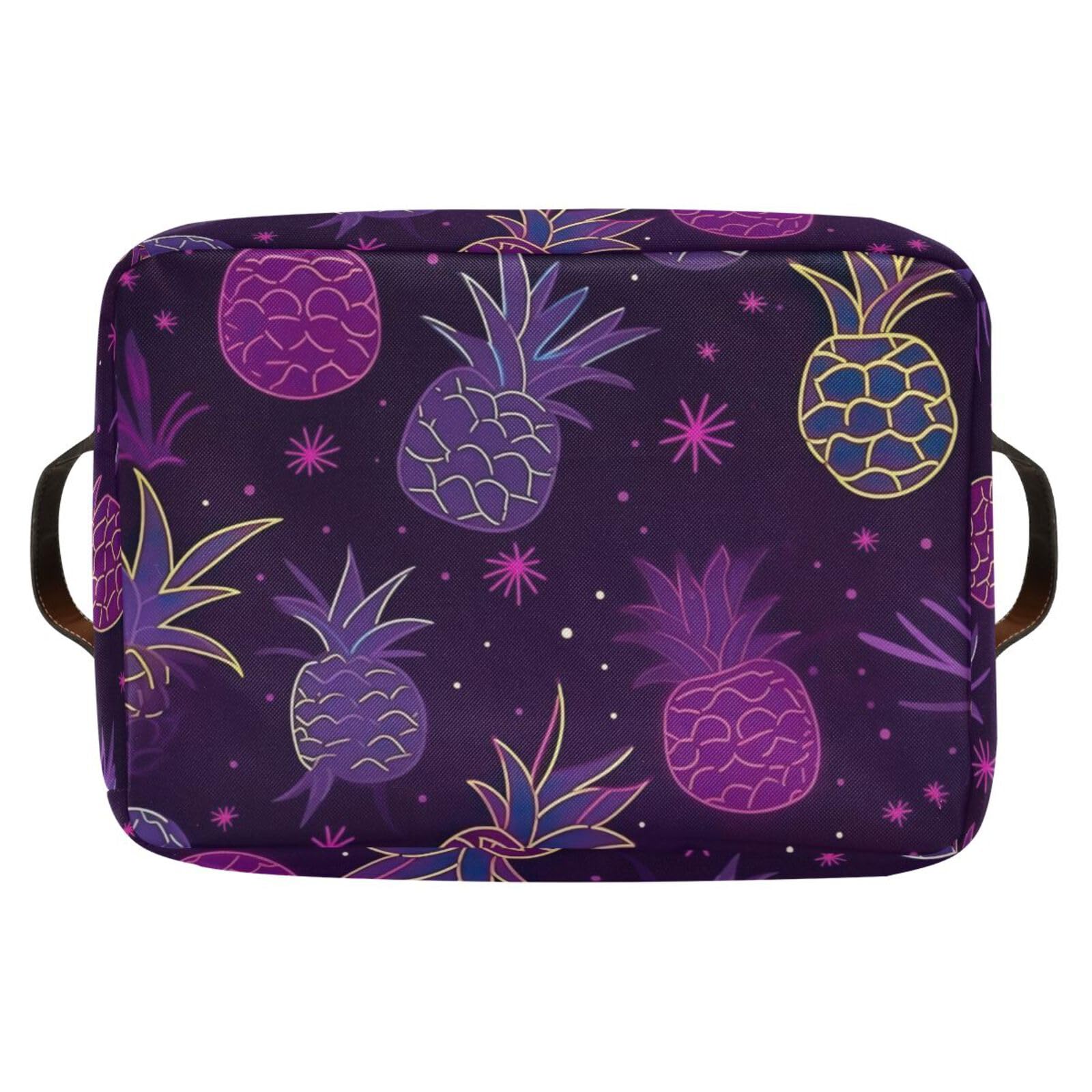 Foldable Canvas Storage Baskets with Handles - 2 Pack Rectangle Pineapple Design Fabric Organizer for Clothes, Home & Office Organization - Perfect for Closet Shelves, Bedroom Decor and Seasonal Storage