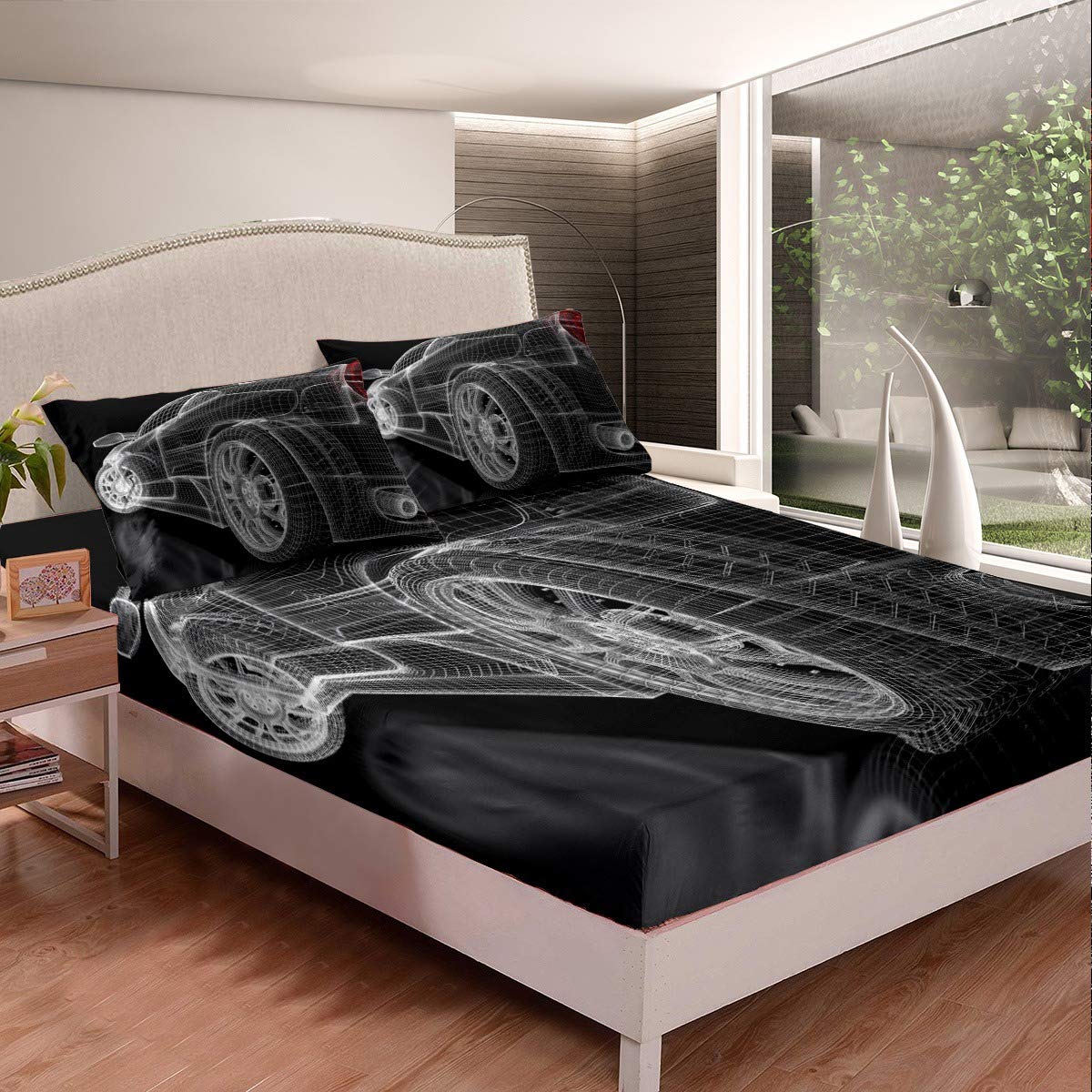 3D Car Model Kids Duvet Cover Set - Twin XL Size Microfiber Bed Sheets with Black Back (1 Fitted Sheet + 1 Pillowcase) - Soft & Breathable for Boys' Bedroom Decor, Themed Bedding for Car Lovers