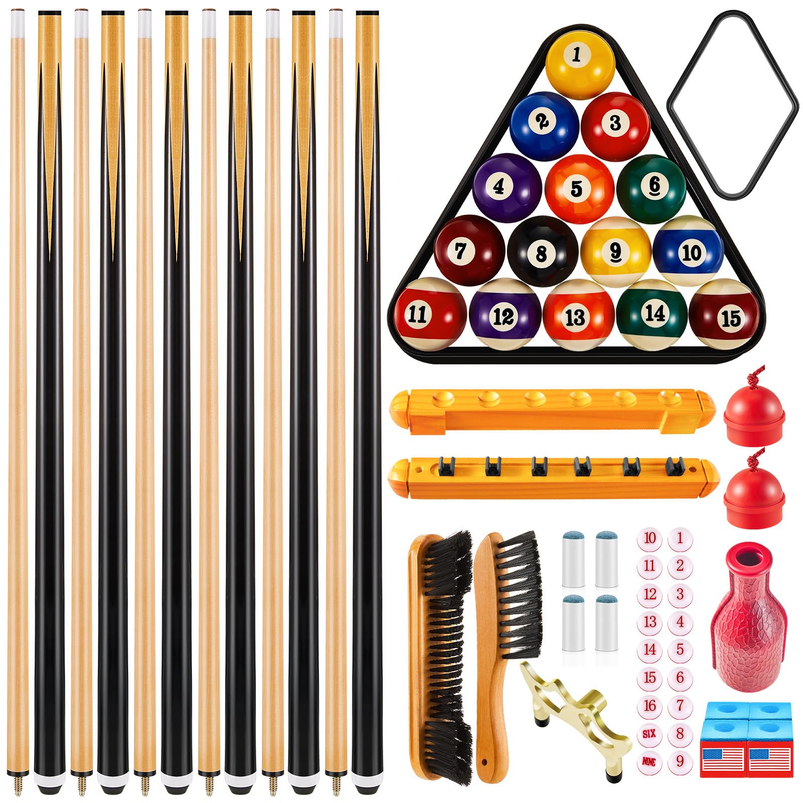 Jenaai 55 Pcs Pool Table Accessories Set - 16 Billiard Balls, 6 Pool Cues, Triangle Rack, Diamond Ball Holder, Chalk, Tip Tools & Brush - Perfect for Home Game Rooms, Bars, and Recreational Centers